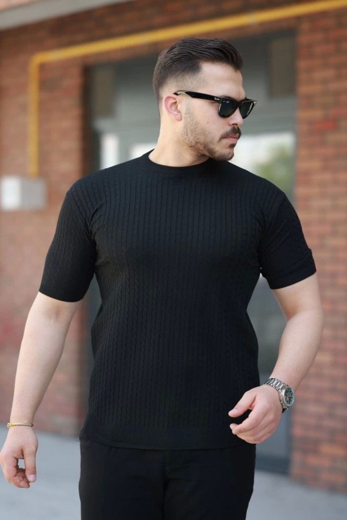 Silerra Erkek Bisiklet Yaka örgü Desenli Kısa örme Triko Kısa Kollu T-shirt