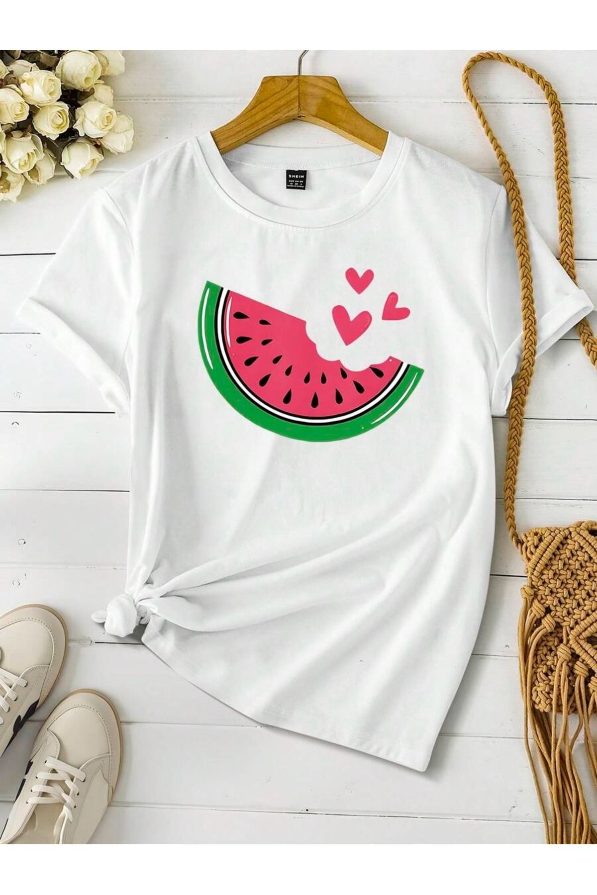 PALPİTO Kadın Beyaz Karpuz Baskılı Oversize T-Shirt