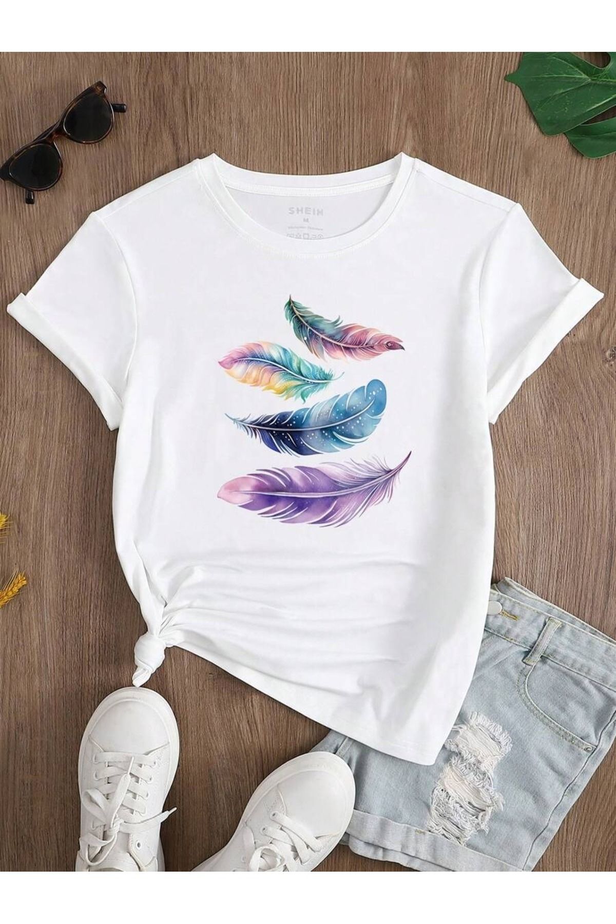 PALPİTO Kadın Beyaz Şans Tüyü Baskılı Oversize T-Shirt