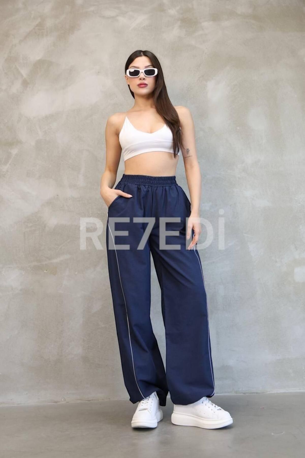 RE7EDİ UNİSEX ŞERİTLİ STOPER PAÇA PARAŞÜT PANTOLON LARCİVERT