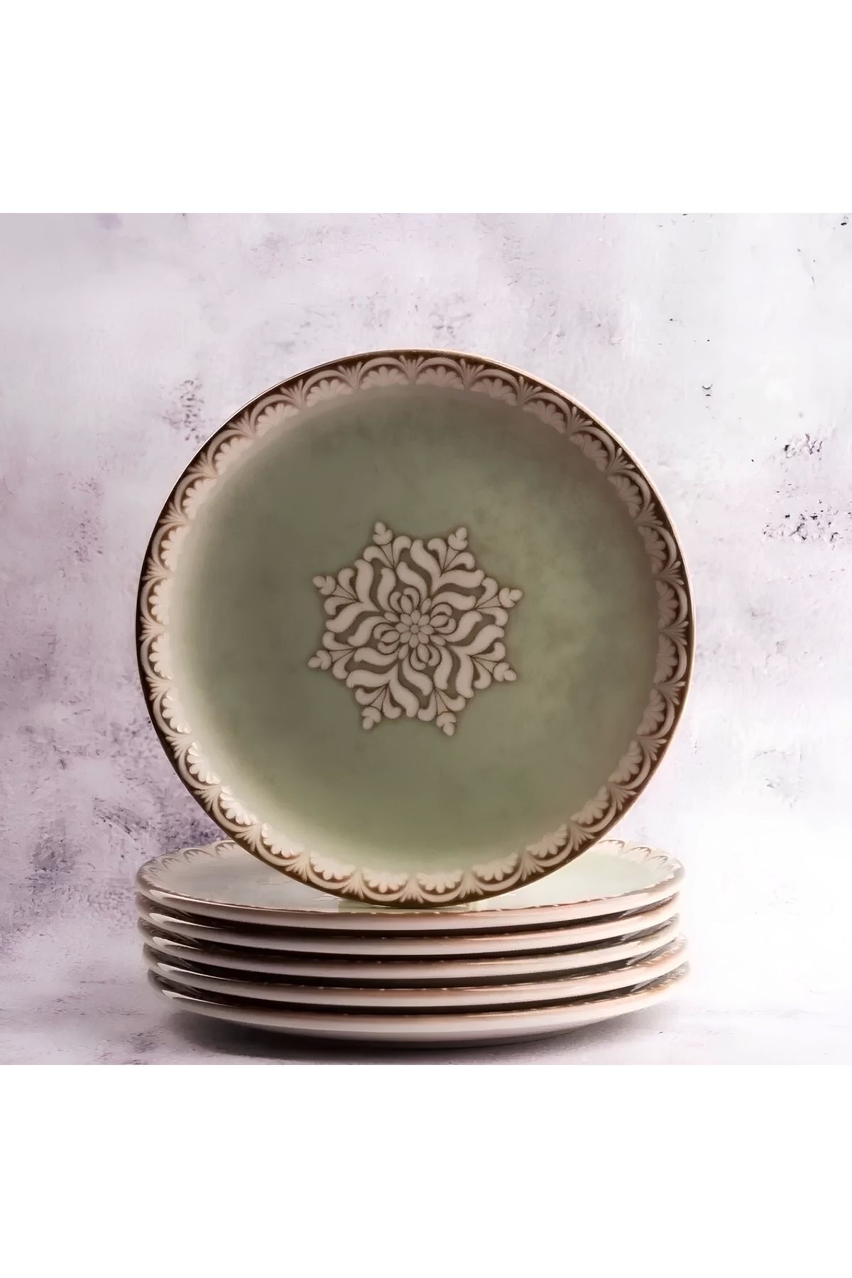 Zuccara Maison Tinta Rome Yuvarlak 6 Parça 19 Cm Açık Yeşil Renkli Desenli Porselen Pasta Tabağı Seti