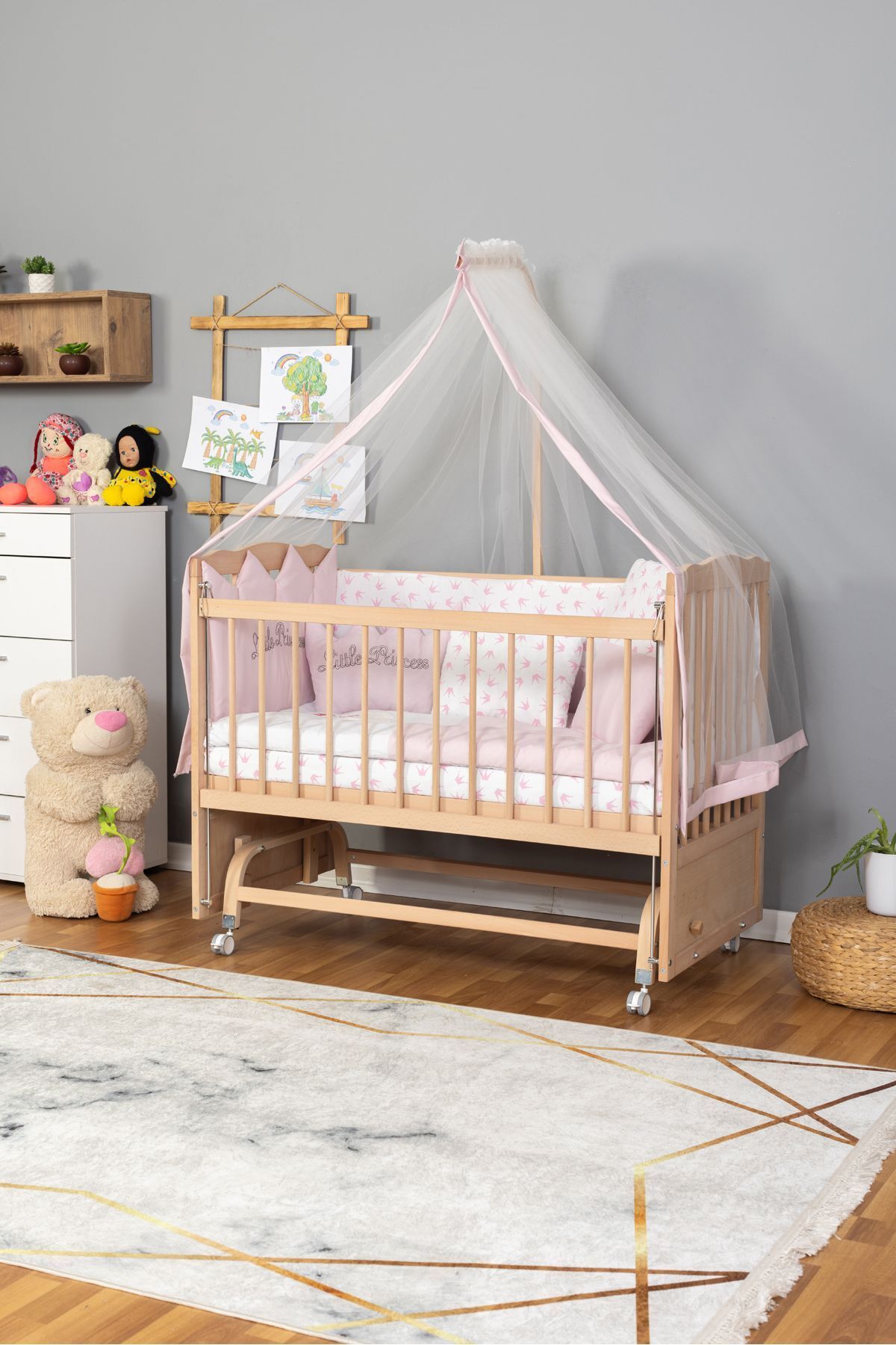 Bamgidoo Ahşap Beşik Anne Yanı Beşik Organik (BOYASIZ) 60x120 - Pembe Prenses Uyku Seti Yatak Tekerlekli fotoğrafı 2 (önizleme)