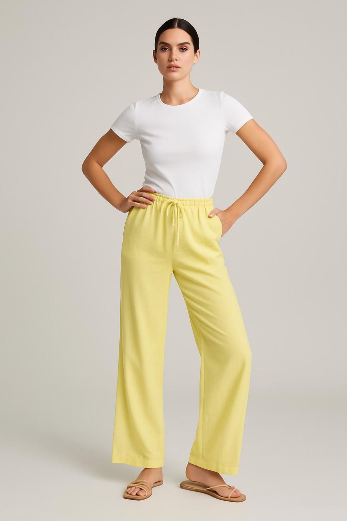 ayriss Beli Bağcıklı Yandan Cepli Modal Trend Pantolon Pembe & Sarı & Ekru