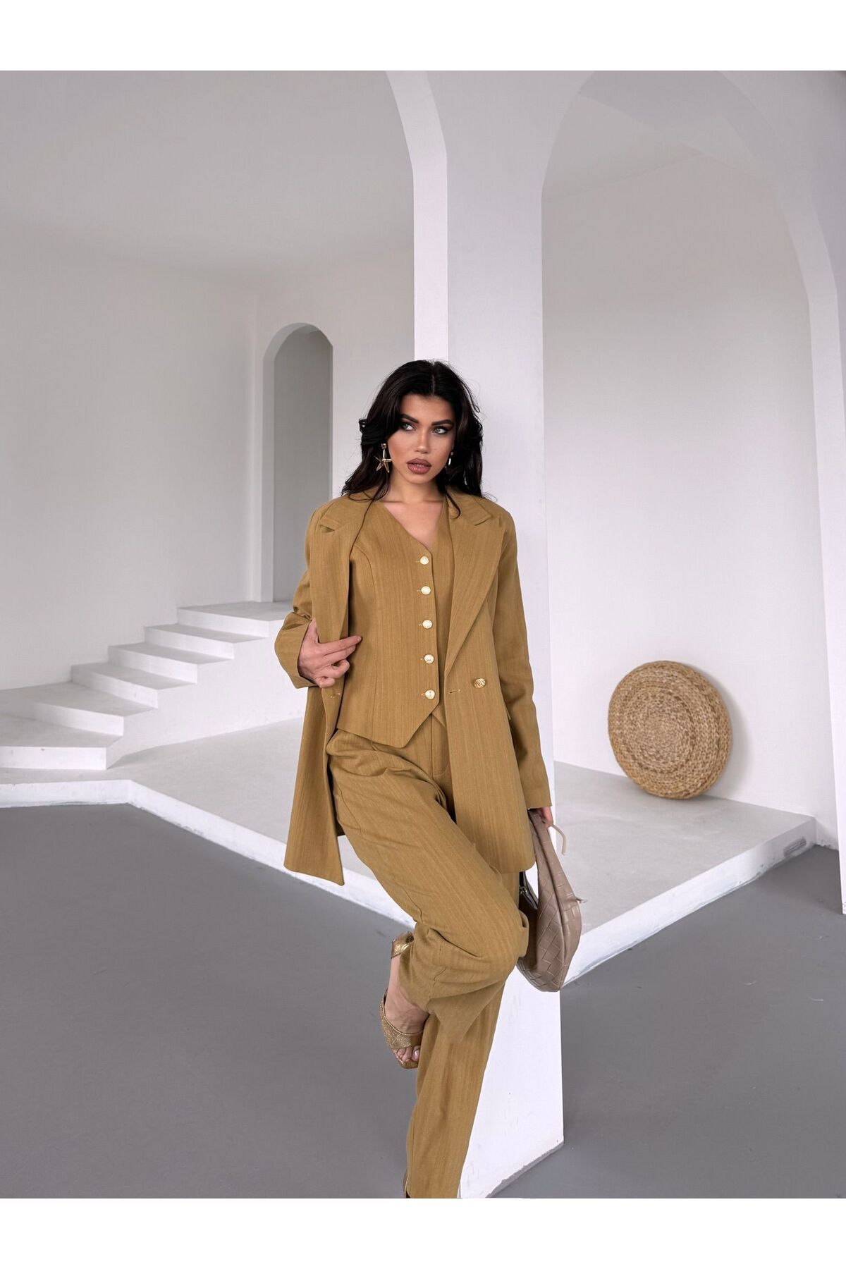 Zaya Collection Keten Kumaş Yelek Pantolon Ceket Takım Elbise