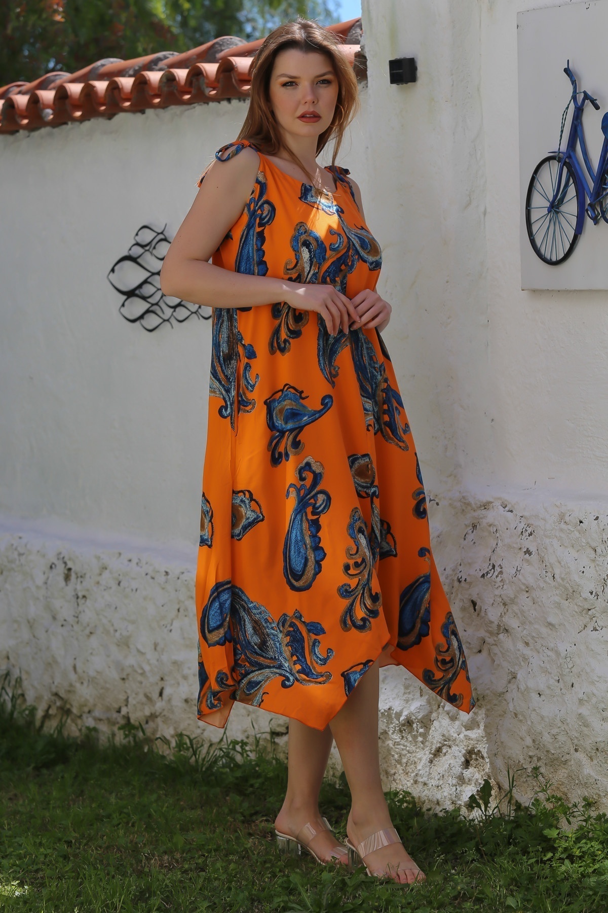 Chiccy-Orange Collarless Strap Paisley Patterned Casual Viscose Woven Dress with Hidden Pocket 125 58 3