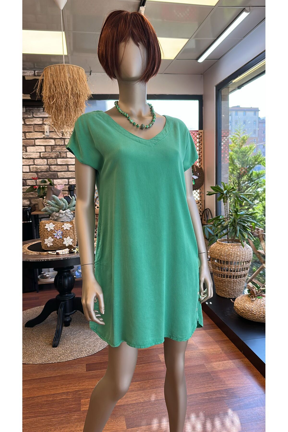DOLCE QUEEN Kadın V Yaka Kısa Kollu Elbise (Tencel)