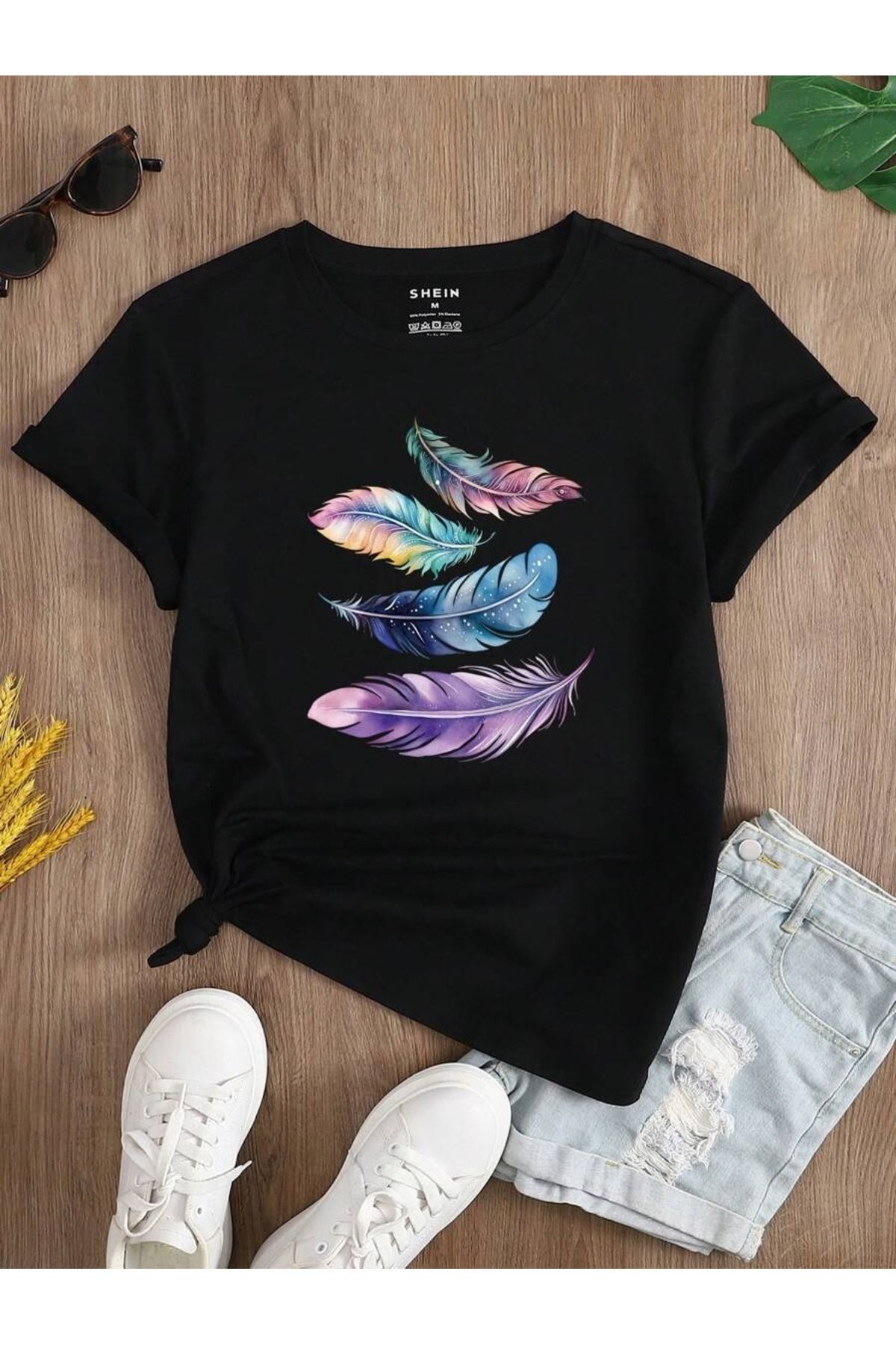 PALPİTO Kadın Siyah Şans Tüyü Baskılı Oversize T-Shirt