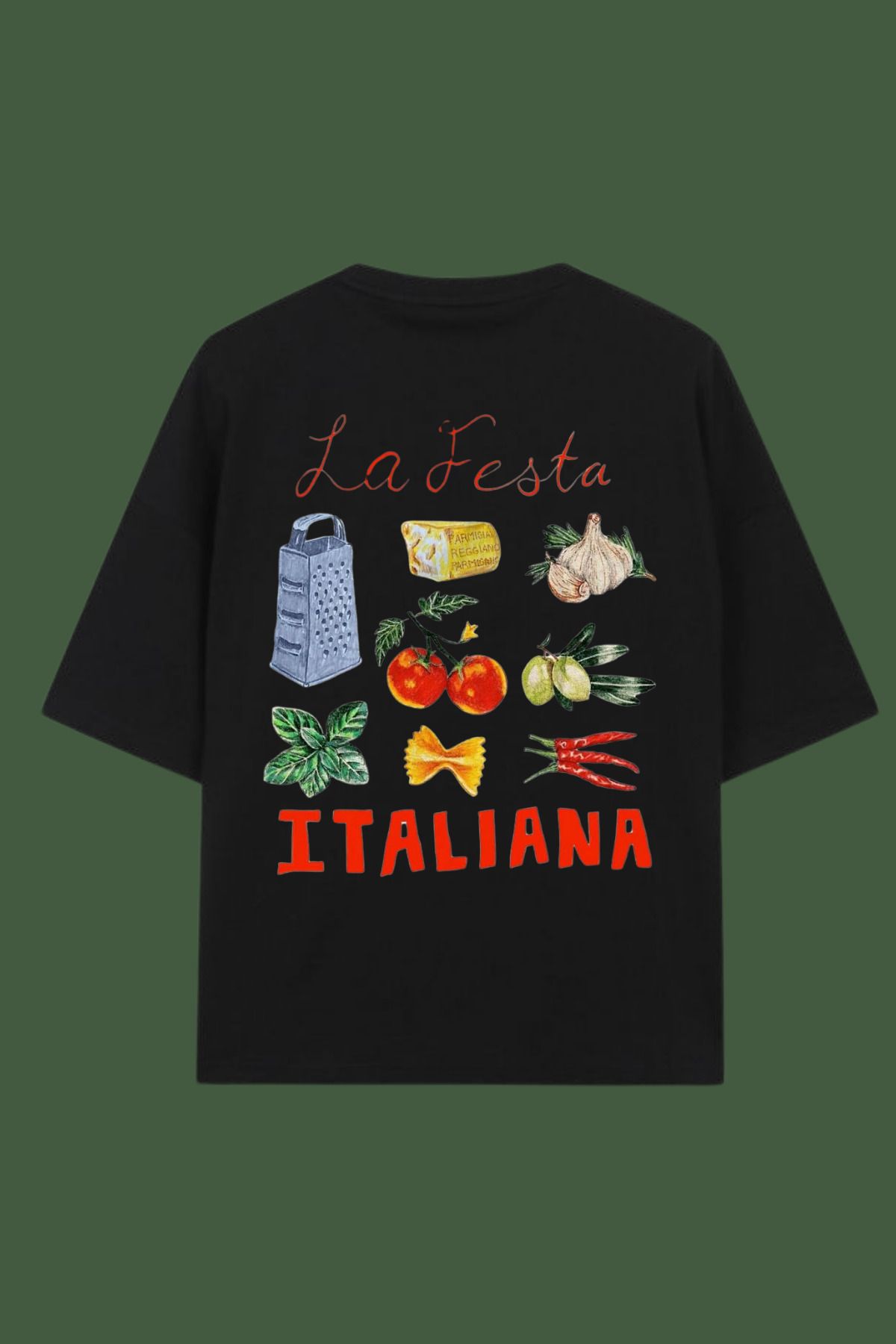Dupe Design LA FESTA ITALIANA Baskılı Oversize Unisex Siyah T-shirt