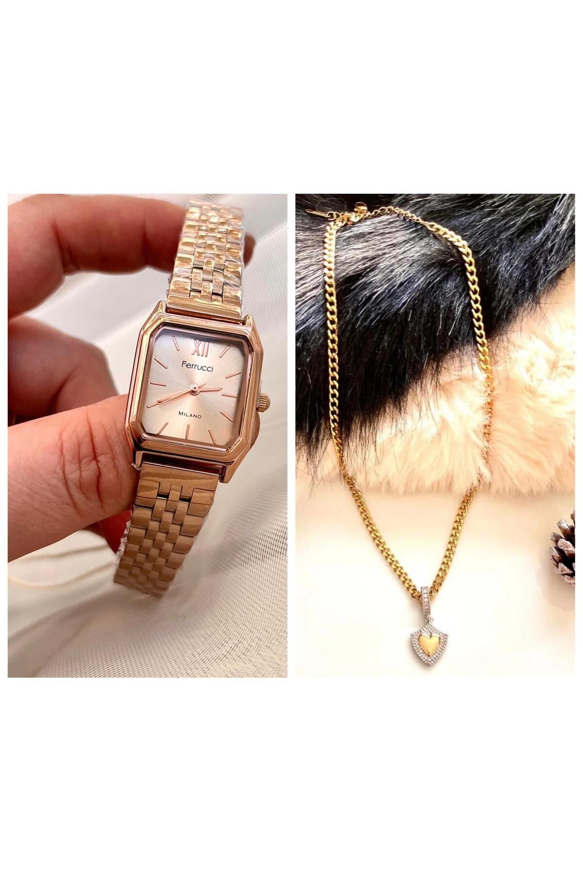Ferrucci Milano Minimal Kare Kadran Çelik Kadın Kol Saati+Çelik Kolye Hediyeli