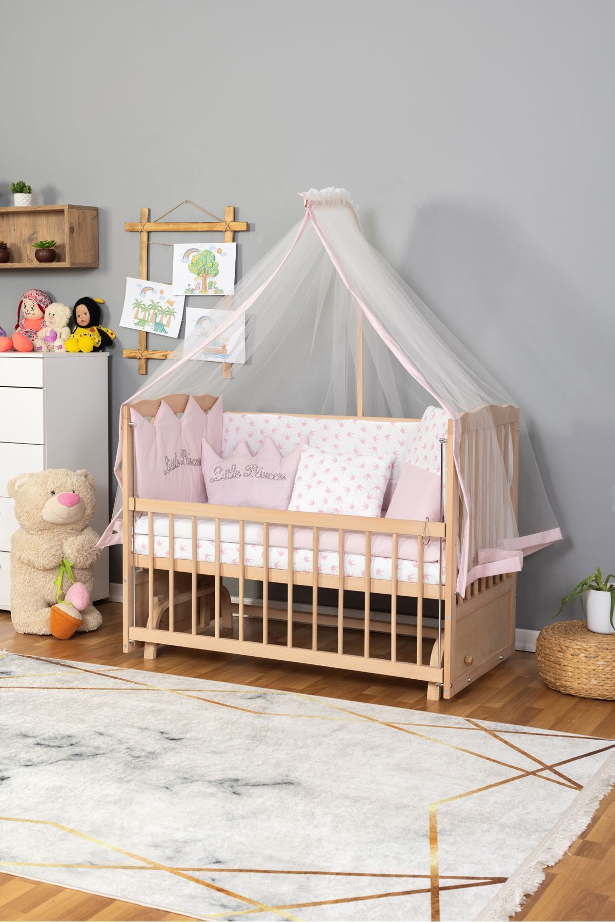 Bamgidoo Ahşap Beşik Anne Yanı Bebek Beşik Organik (BOYASIZ) 60x120 - Pembe Prenses (KIZ) Uyku Seti Yatak