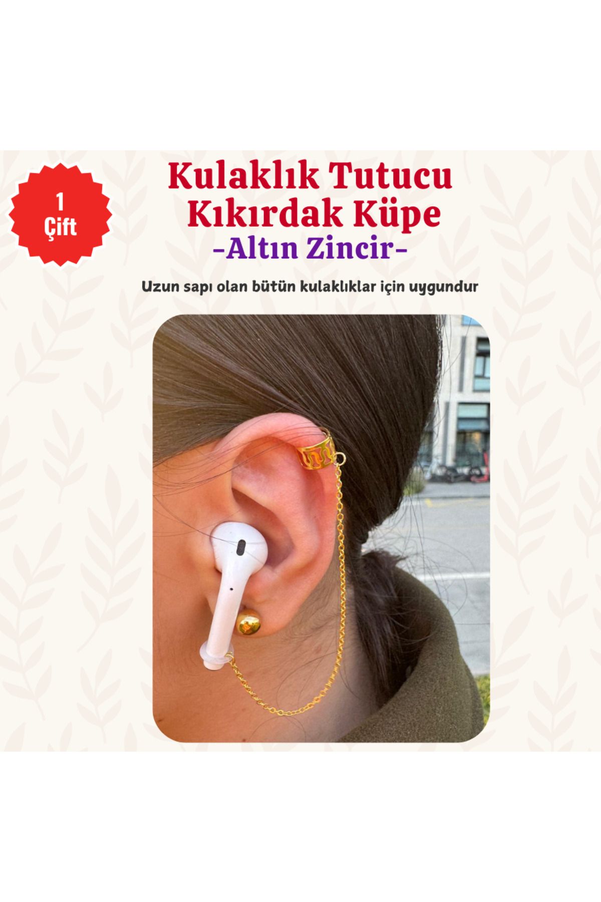 MUTLUYÜZ Hediyelik, Kulaklık Tutucu Kıkırdak Küpe- Altın Zincir - Bluetooth Kulaklık Aksesuar, Airpods