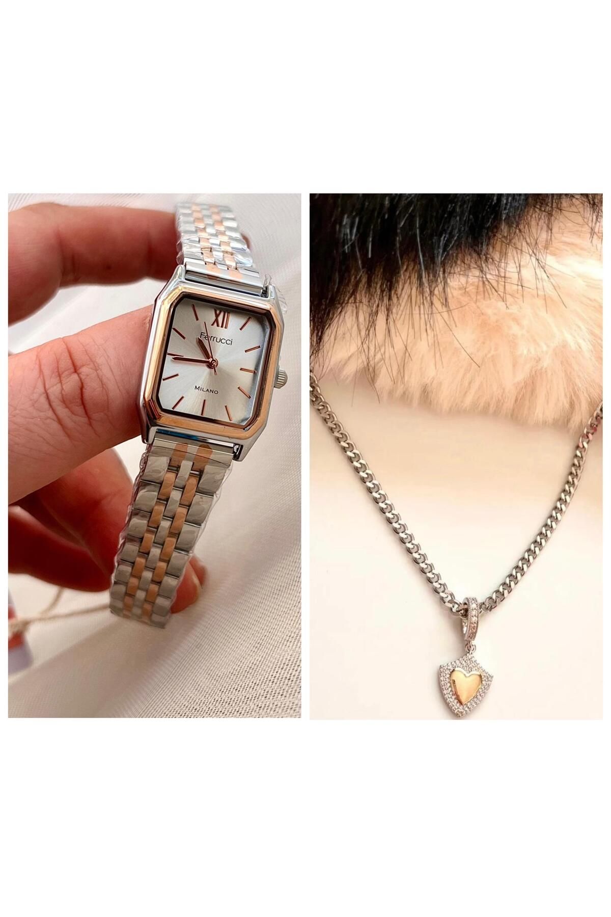 Ferrucci Milano Minimal Kare Kadran Çelik Kadın Kol Saati+Çelik Kolye Hediyeli