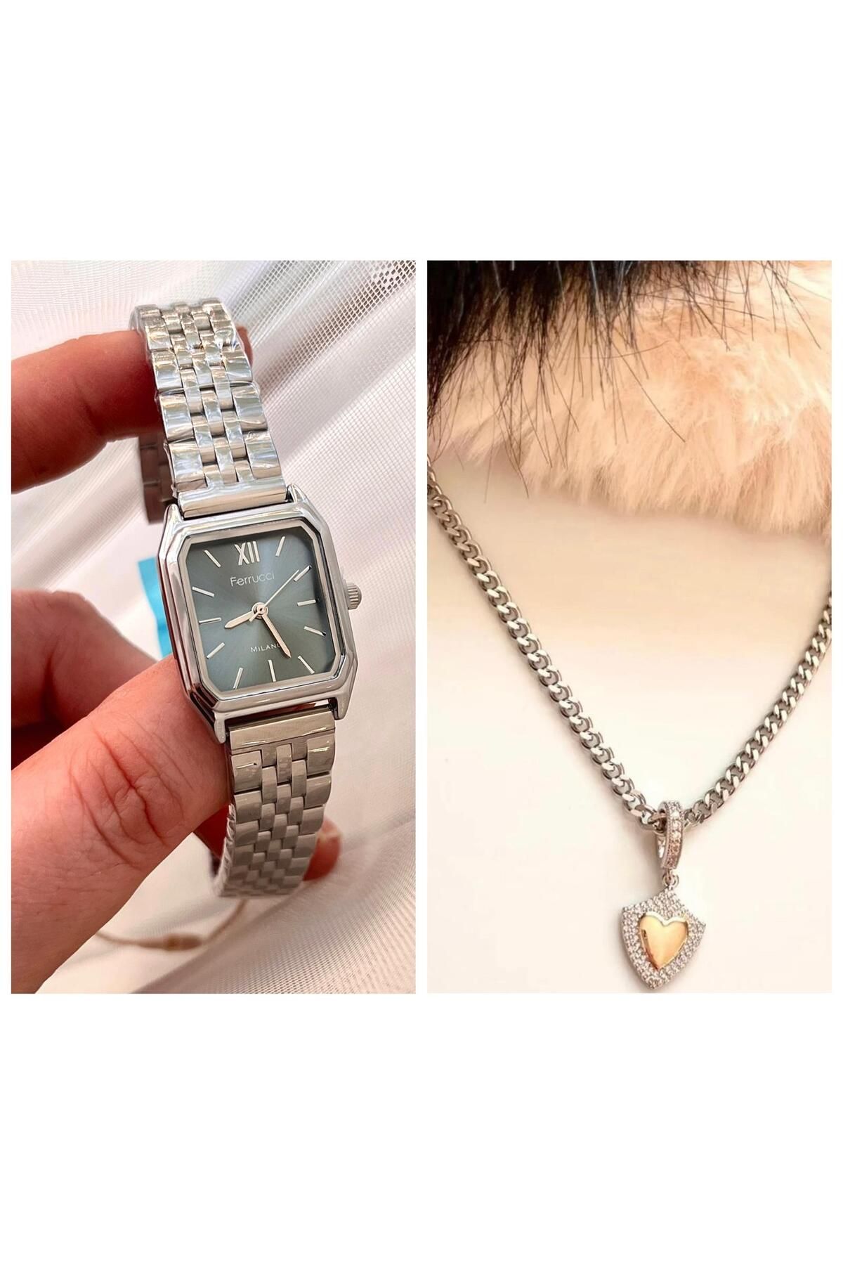 Ferrucci Milano Minimal Kare Kadran Çelik Kadın Kol Saati+Çelik Kolye Hediyeli