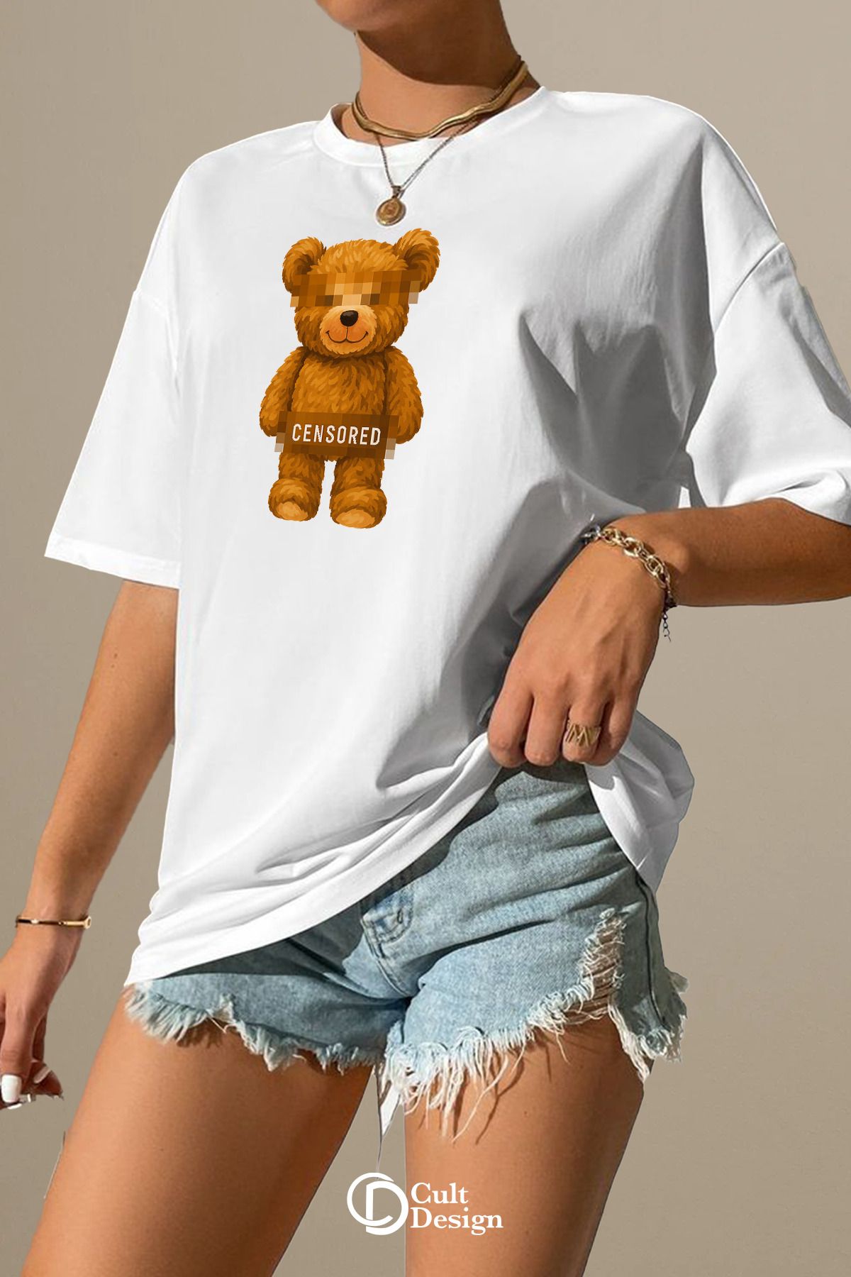 CULTDESİGN AYICIK baskılı Unisex KADIN/ERKEK Özel Premium Basic, Organik Pamuklu, Bisiklet Yaka T-Shirt