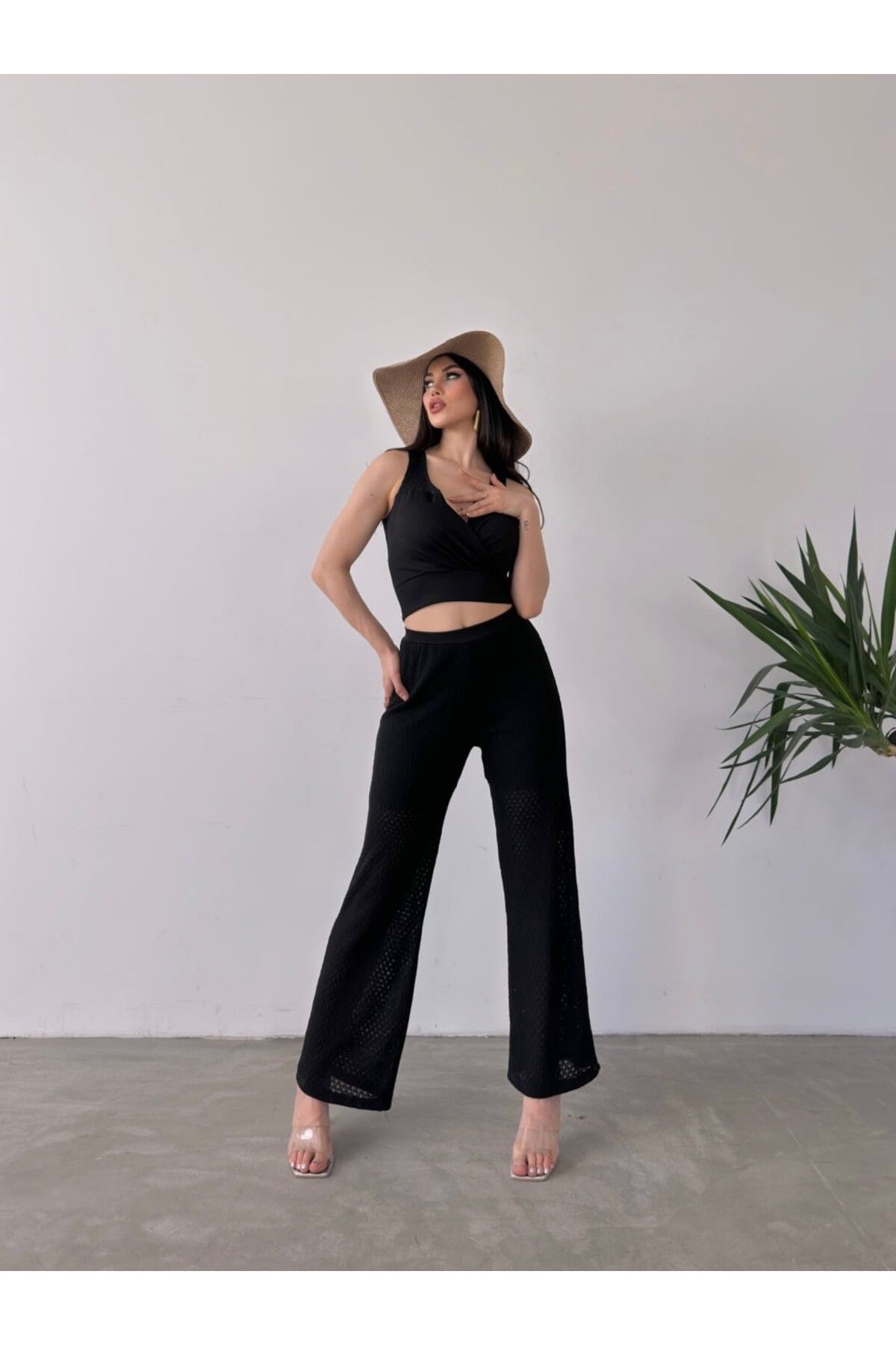 Moon Sima Kruvaze Yaka Crop Bluz Ve Detaylı Pantolon Triko İkili Takım