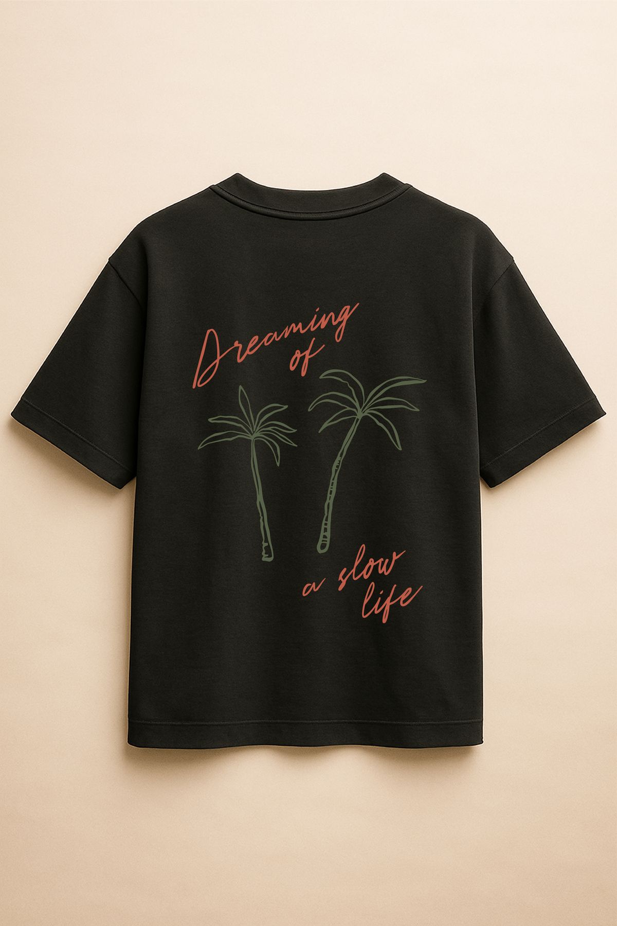 Altair Tr Siyah Renk Oversize Dreaming Of a Slow Life Palmiye Baskılı Unisex Tişört T-Shirt