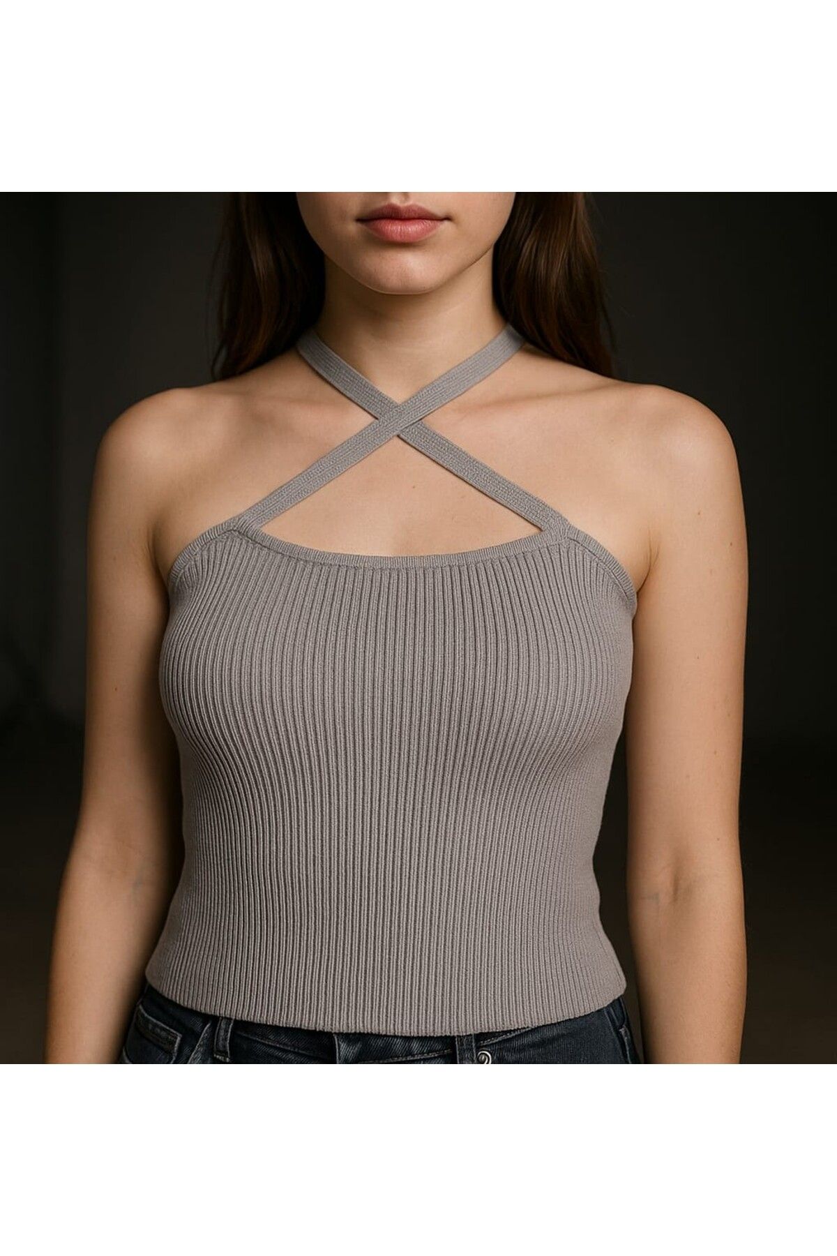 ASEZ BUTİK Asez Butik Çapraz Yaka Siyah Crop Bluz