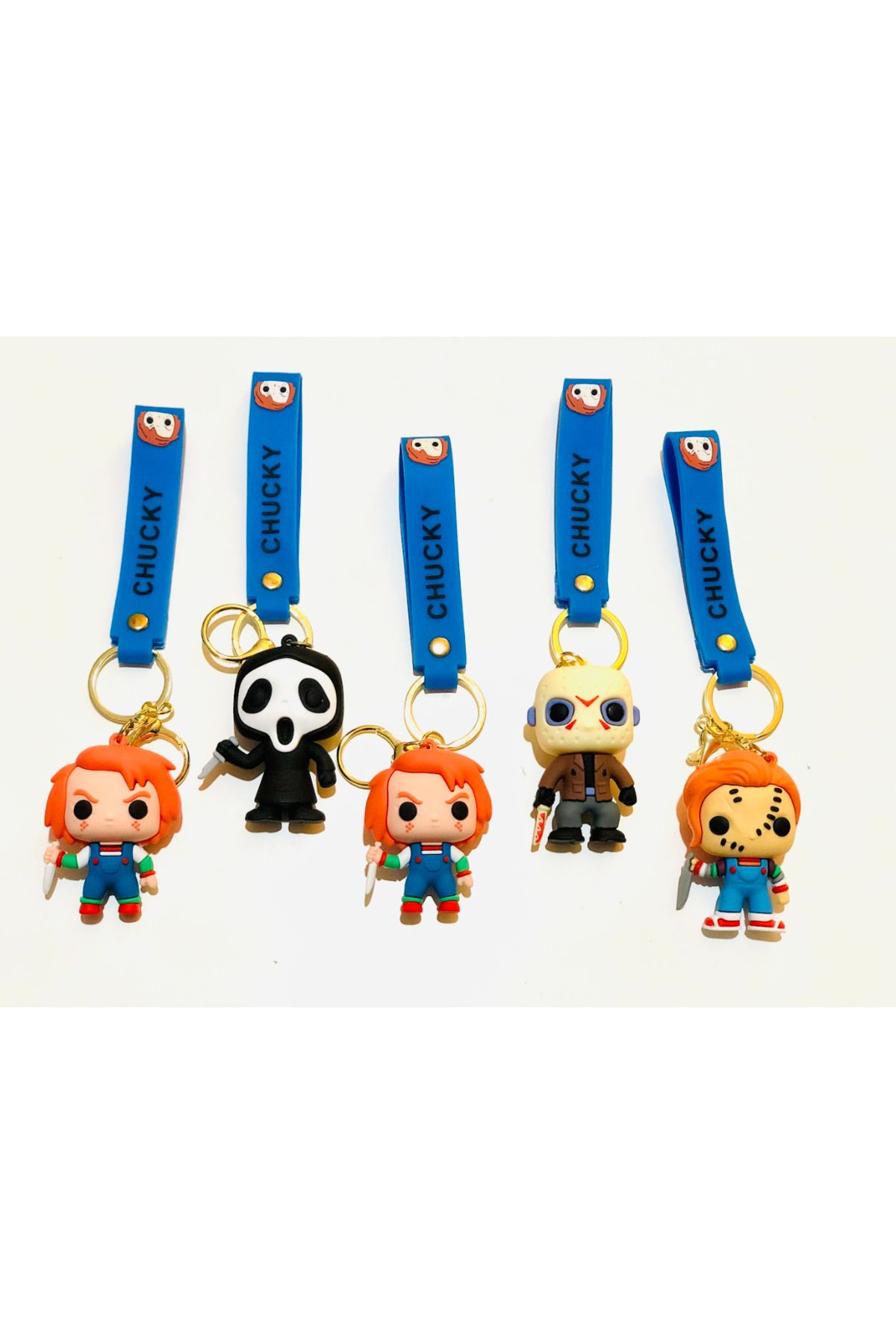 Bizde Ne Yok ki Fnaf Korku Filmi Karikatür Chucky Leatherface Bebek Anahtarlık Llaveros Punk 4'lü 3D Lüks Boy