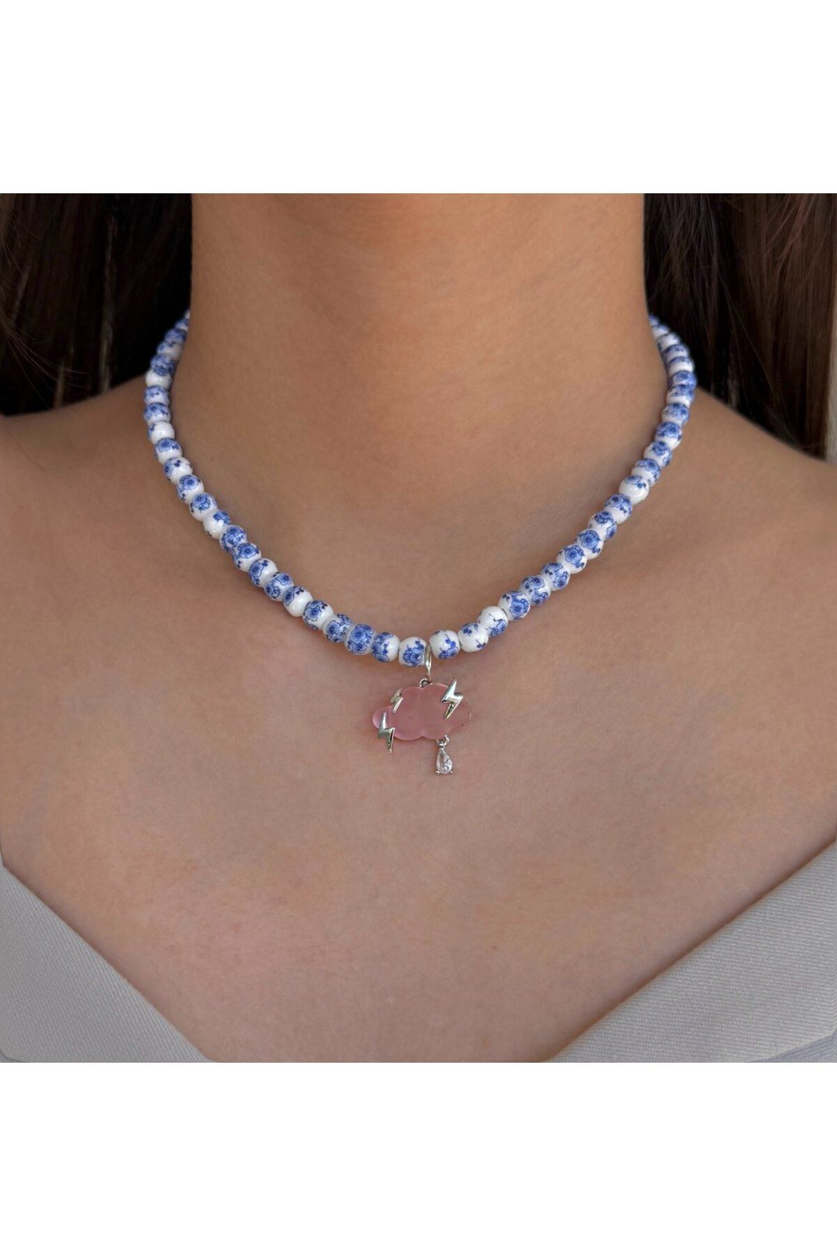 h&b design jewel Pembe Bulut Detaylı Mavi Tasarım Kolye