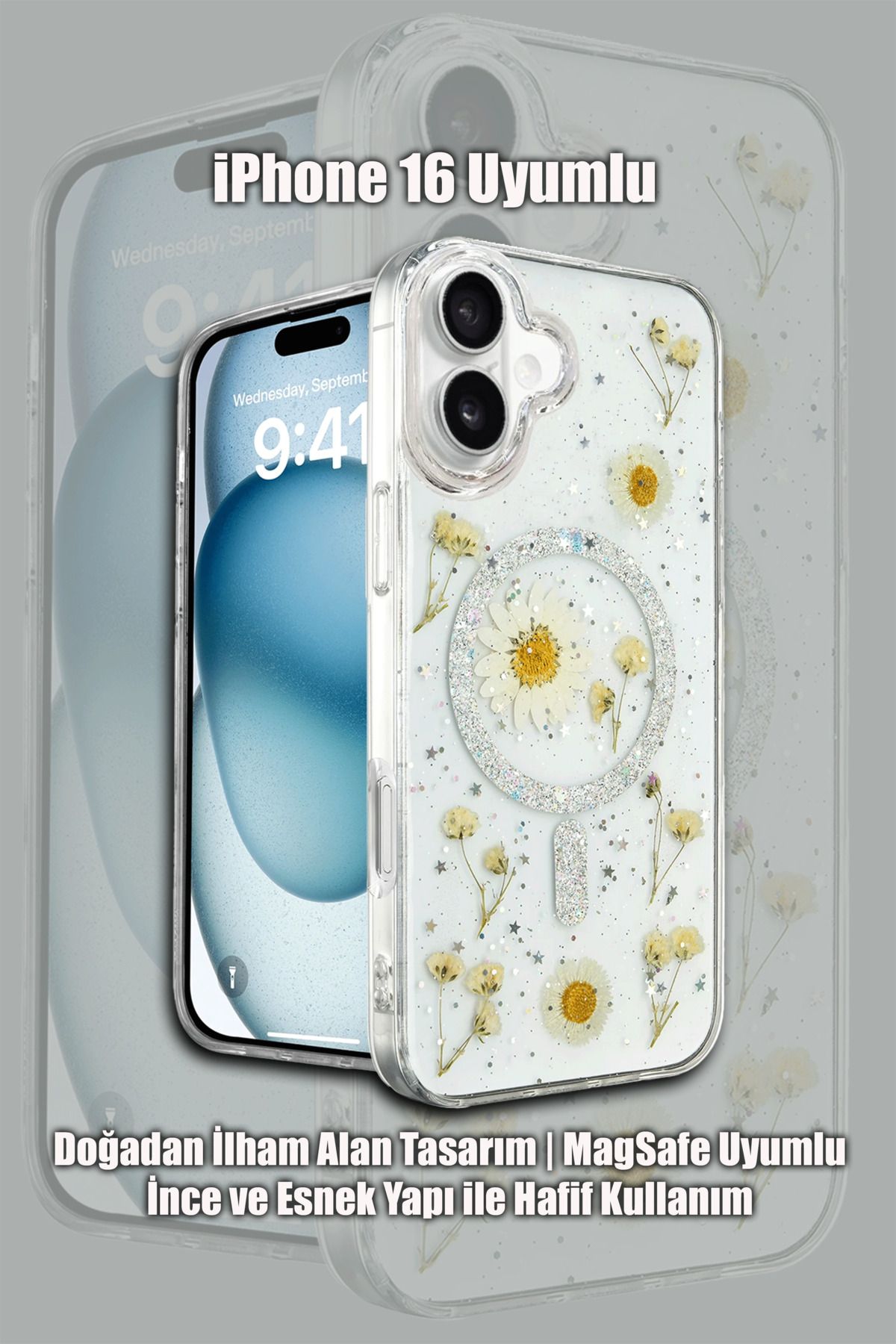 mobrika iPhone 16 Uyumlu Daisy Simli Magsafe Kapak Çiçek Detaylı Şeffaf Telefon Kılıfı