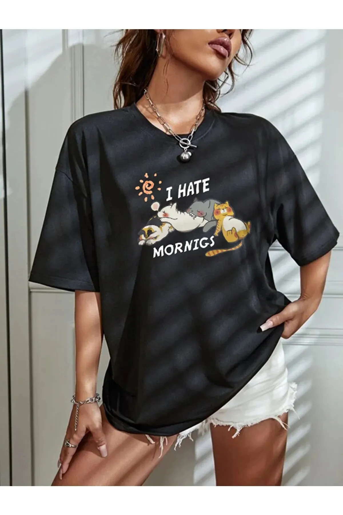 Genel Markalar I Hate Mornings Sevimli Kediler Baskılı Oversize T-shirt