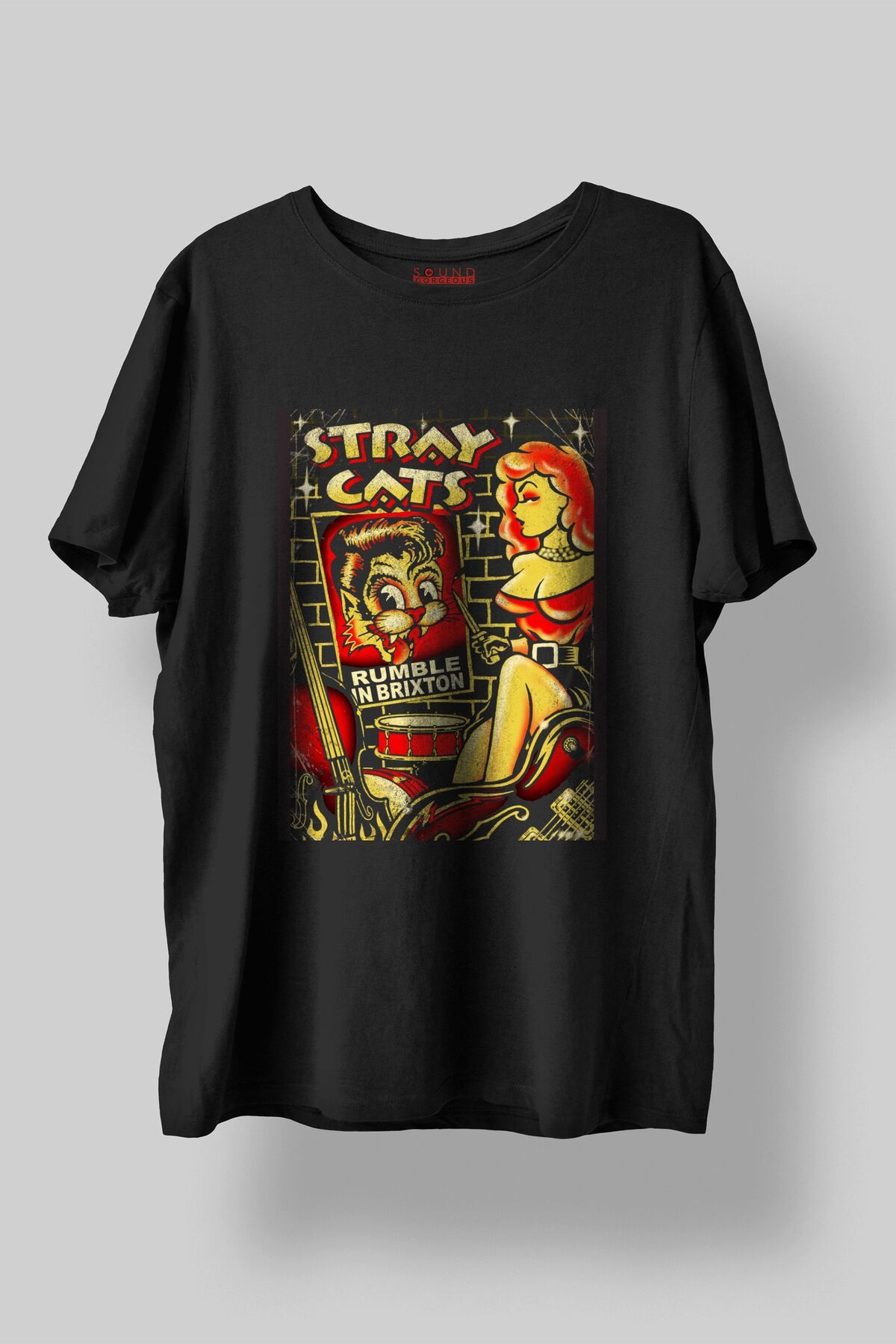 Sound Gorgeous Stray Cats Müzik Baskılı Regular Fit Unisex Siyah T-Shirt %100 Pamuk No:0338