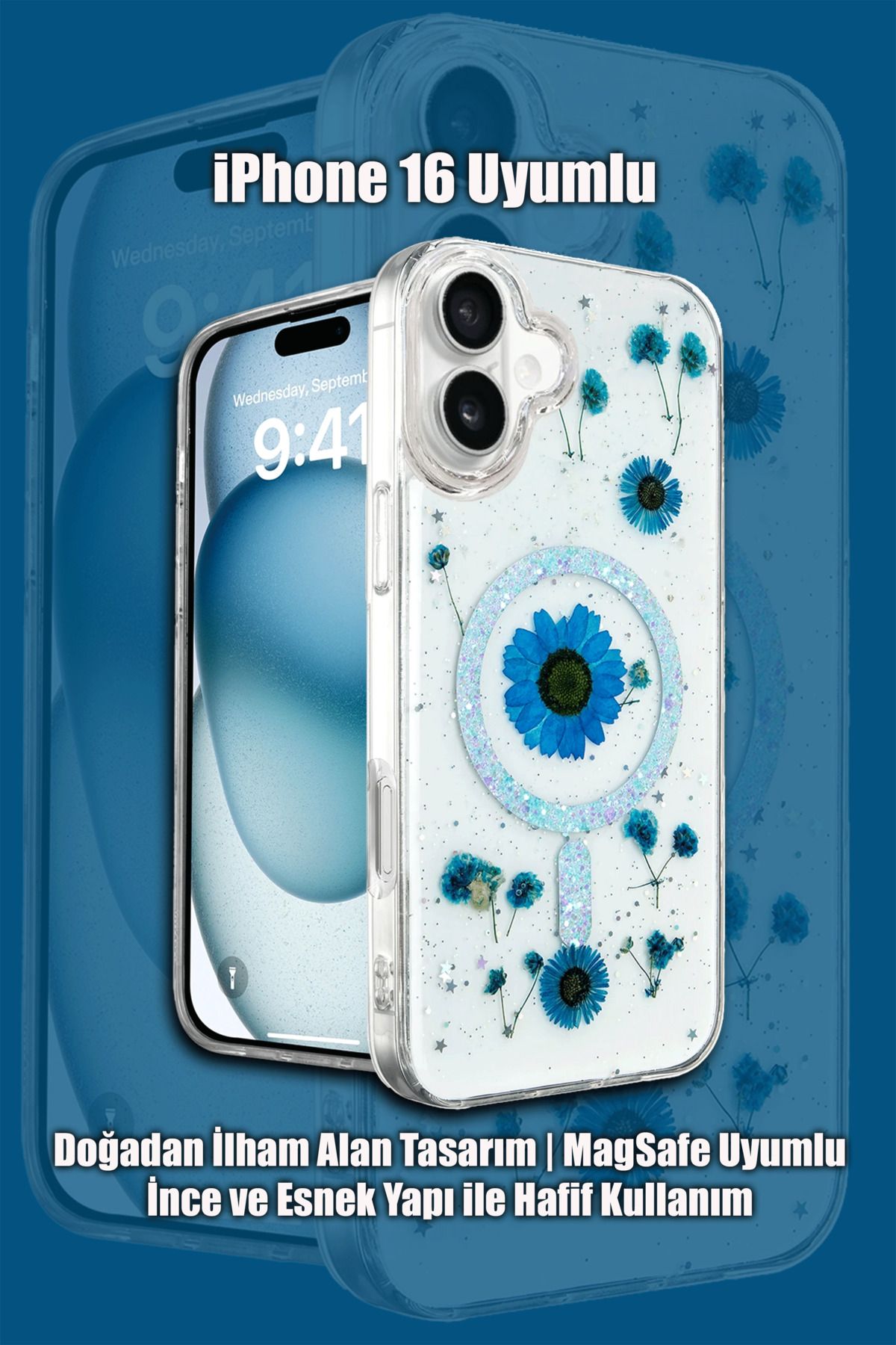 mobrika iPhone 16 Uyumlu Daisy Simli Magsafe Kapak Çiçek Detaylı Şeffaf Telefon Kılıfı