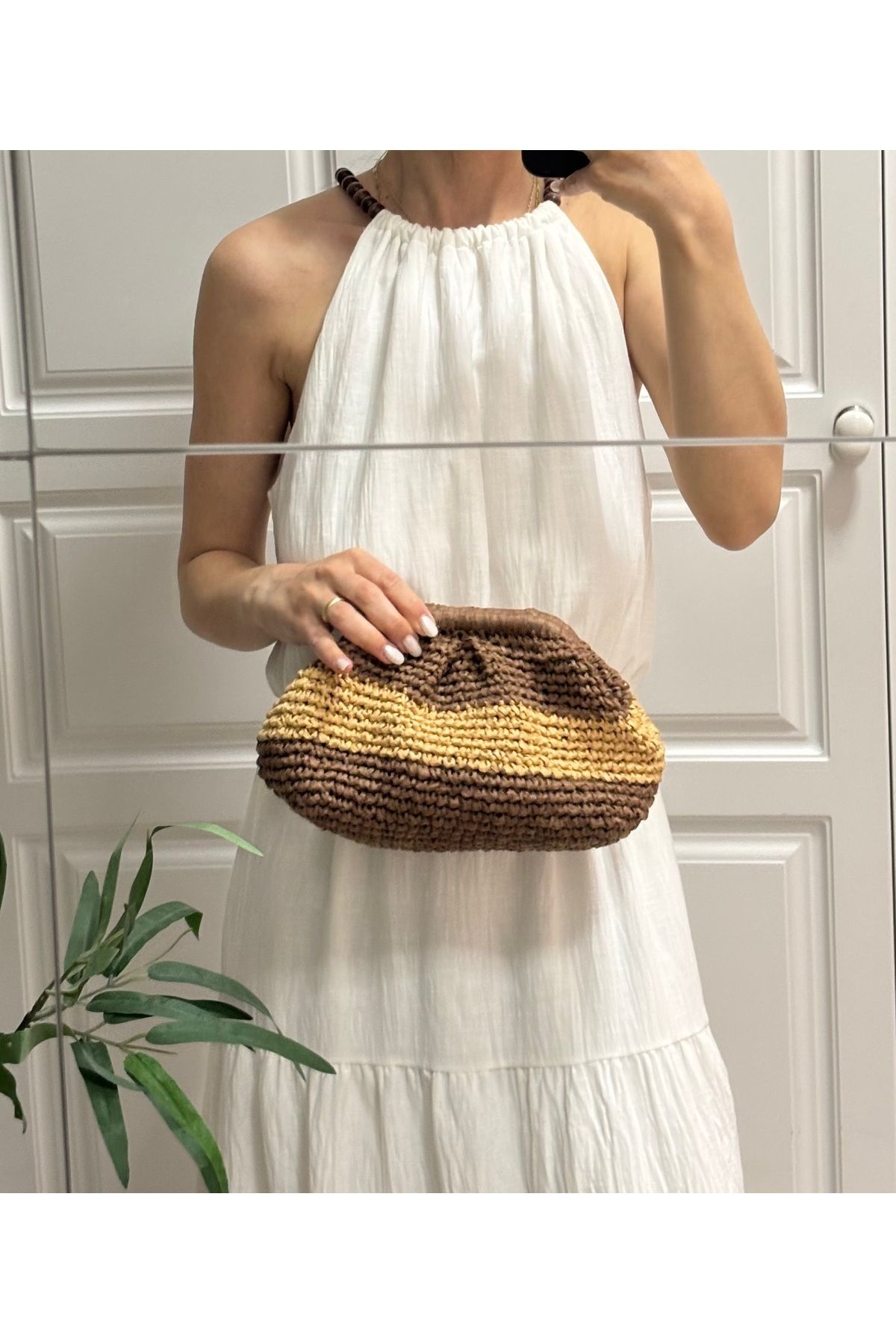 örgü İçi Astarlı Burslu Hasır Örme Mini Kahve Clutch El Çantası