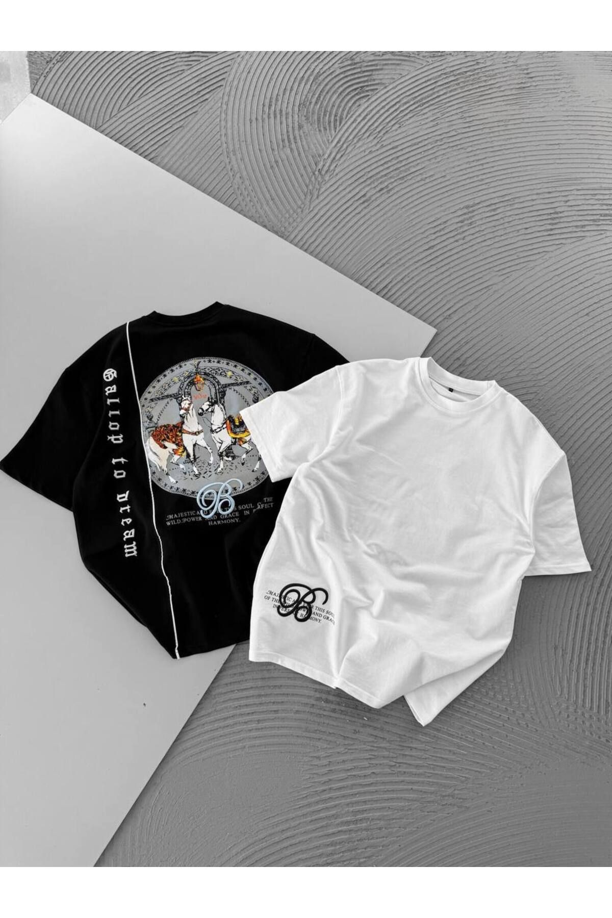 bergibo OVERSIZE PENYE TİŞÖRT - AT BASKILI HORSE SIRT LİKRALI PENYE T-SHIRT