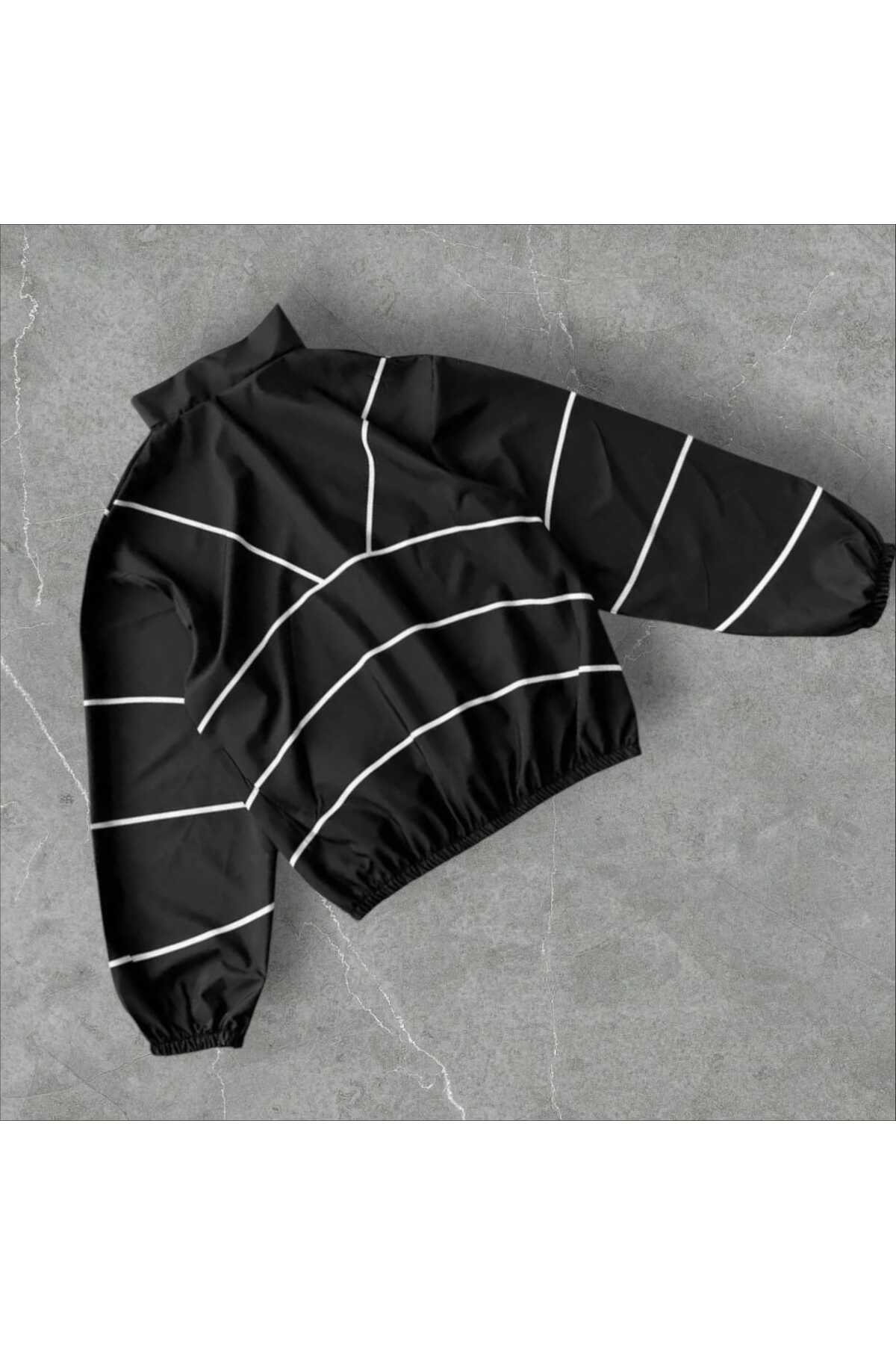 Unisex Paraşüt Kumaş Çizgi Detay Baskılı Oversize Mavi Rüzgarlık Yağmurluk — مشکی bzdea — تصویر 2 از 2