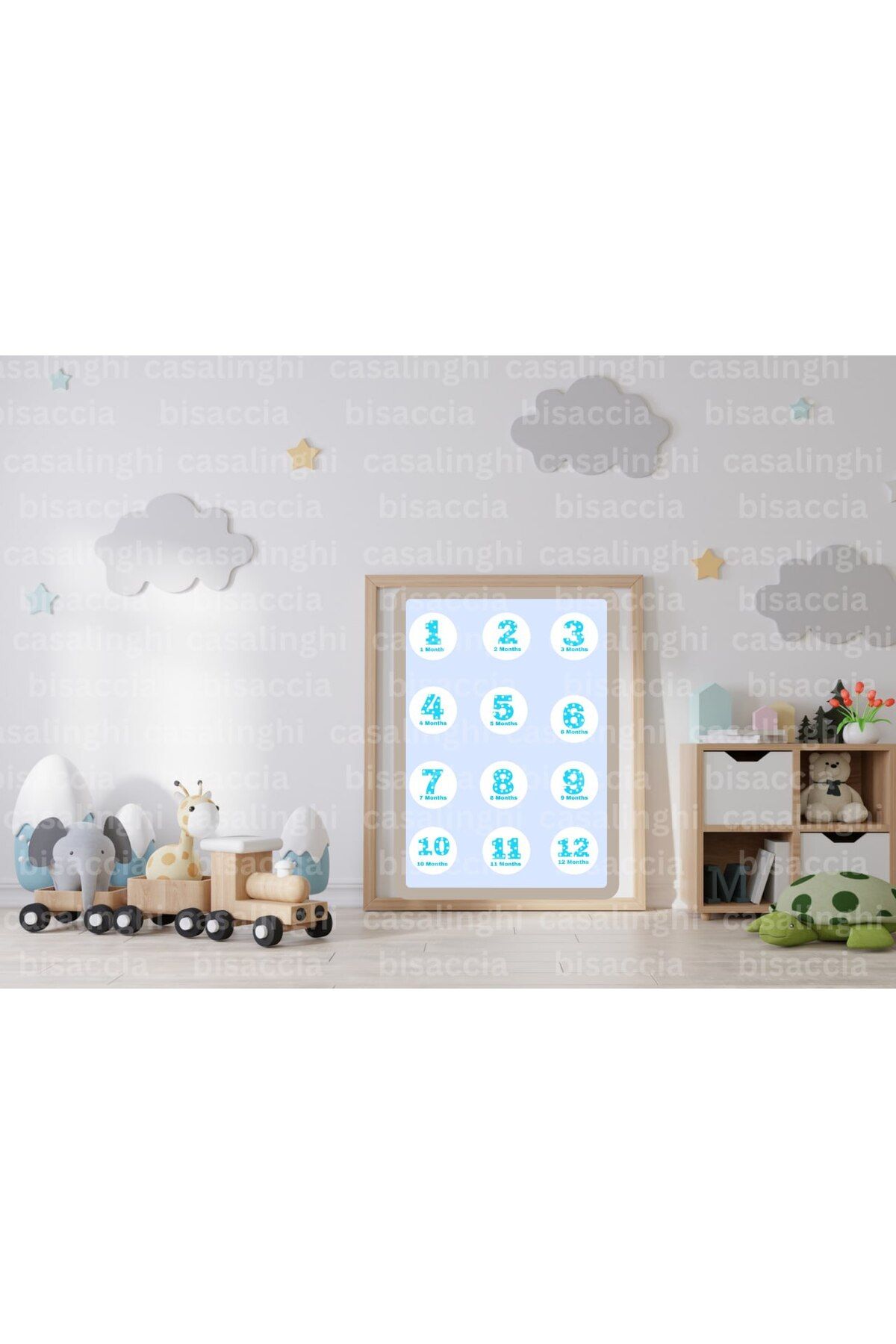CASALINGHI İngilizce 12 Aylık Bebek Etiketi 1-12 Months Puanlı Mavi Yeni Doğan Yuvarlak Sticker 4 Cm (84 Adet)
