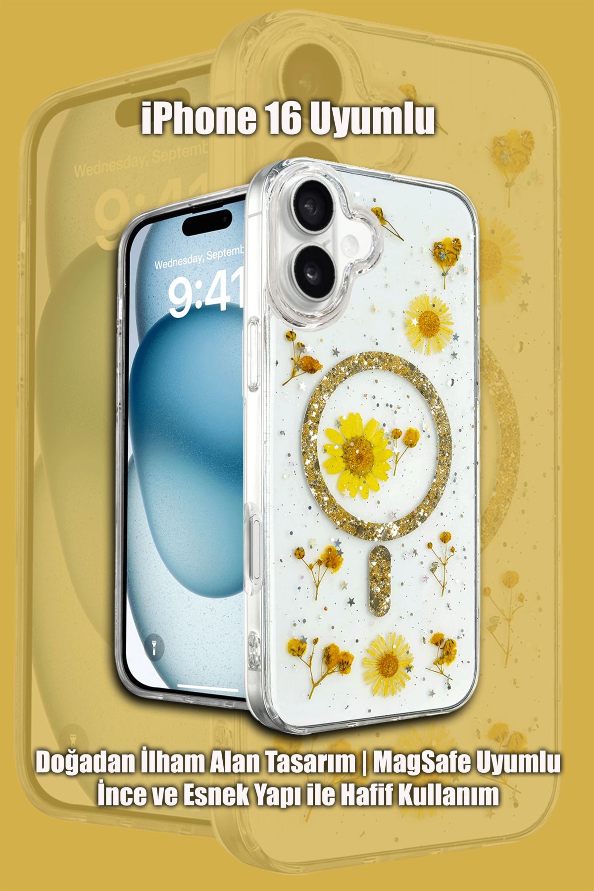 mobrika iPhone 16 Uyumlu Daisy Simli Magsafe Kapak Çiçek Detaylı Şeffaf Telefon Kılıfı