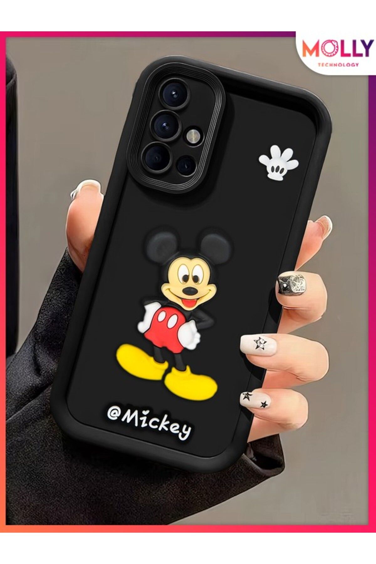 Molly Samsung Galaxy A71 İçin Siyah Kenarları Kalın 3d Kabartmalı Mickey Silikon Kılıf