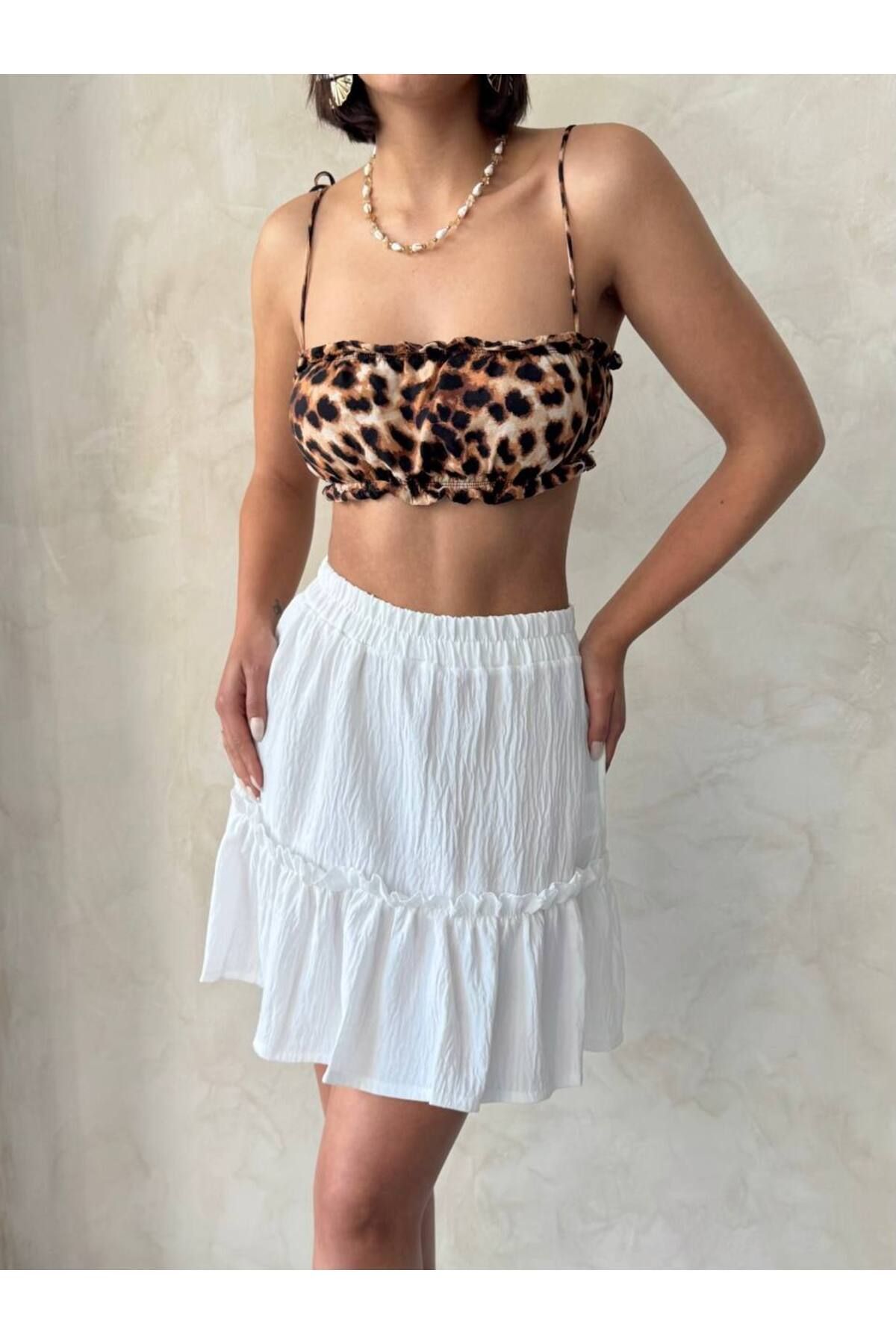 Bleu Petite Yüksek Bel Fırfırlı Etek