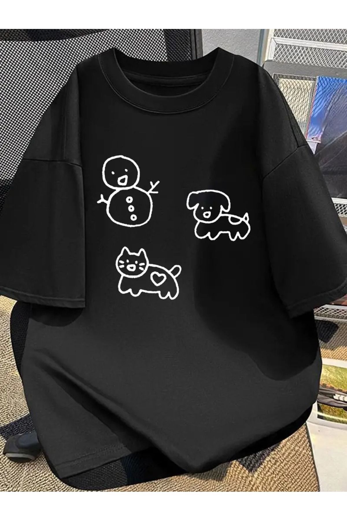 MANCY Unisex Kardan Adam Köpek Kedi Çizim Baskılı Oversize %100 Pamuk T-shirt
