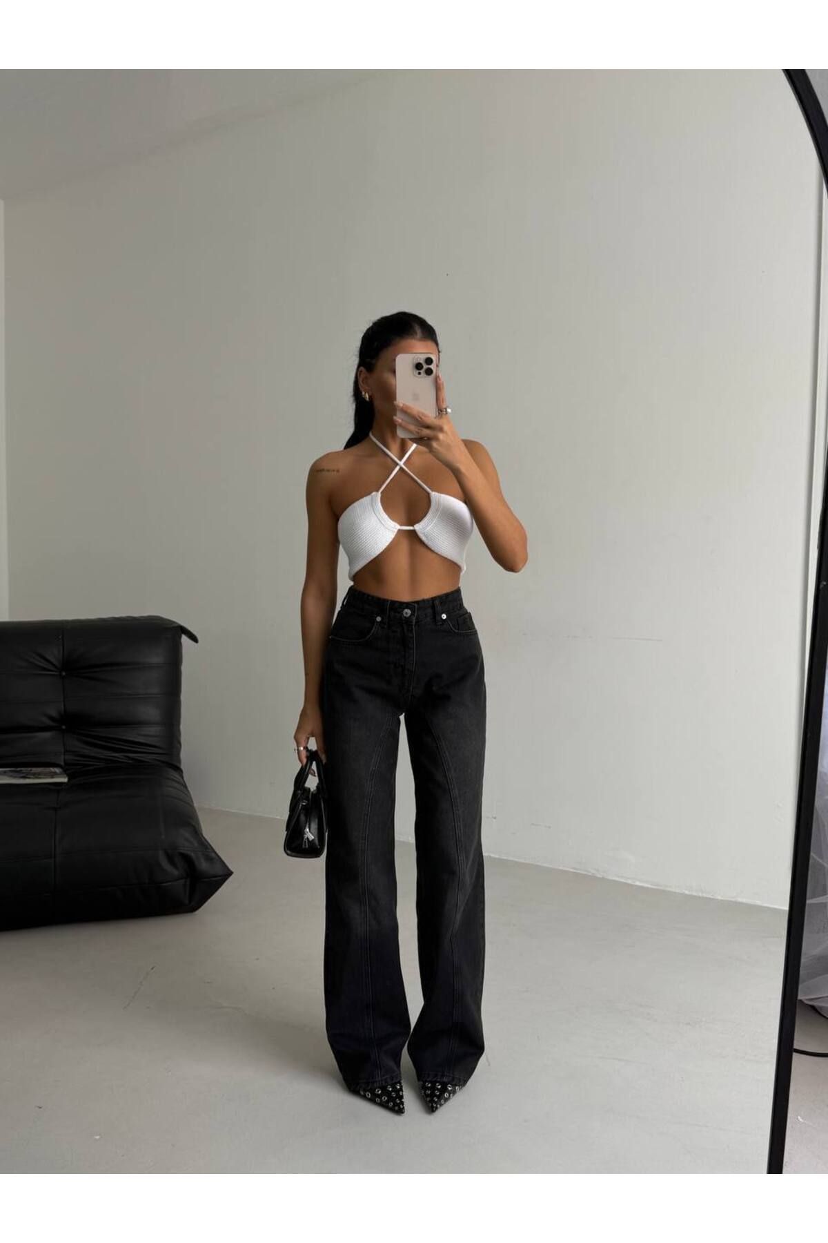 Castivo Fashion Dikiş Detaylı Yüksek Bel Geniş Paça Jean Pantolon