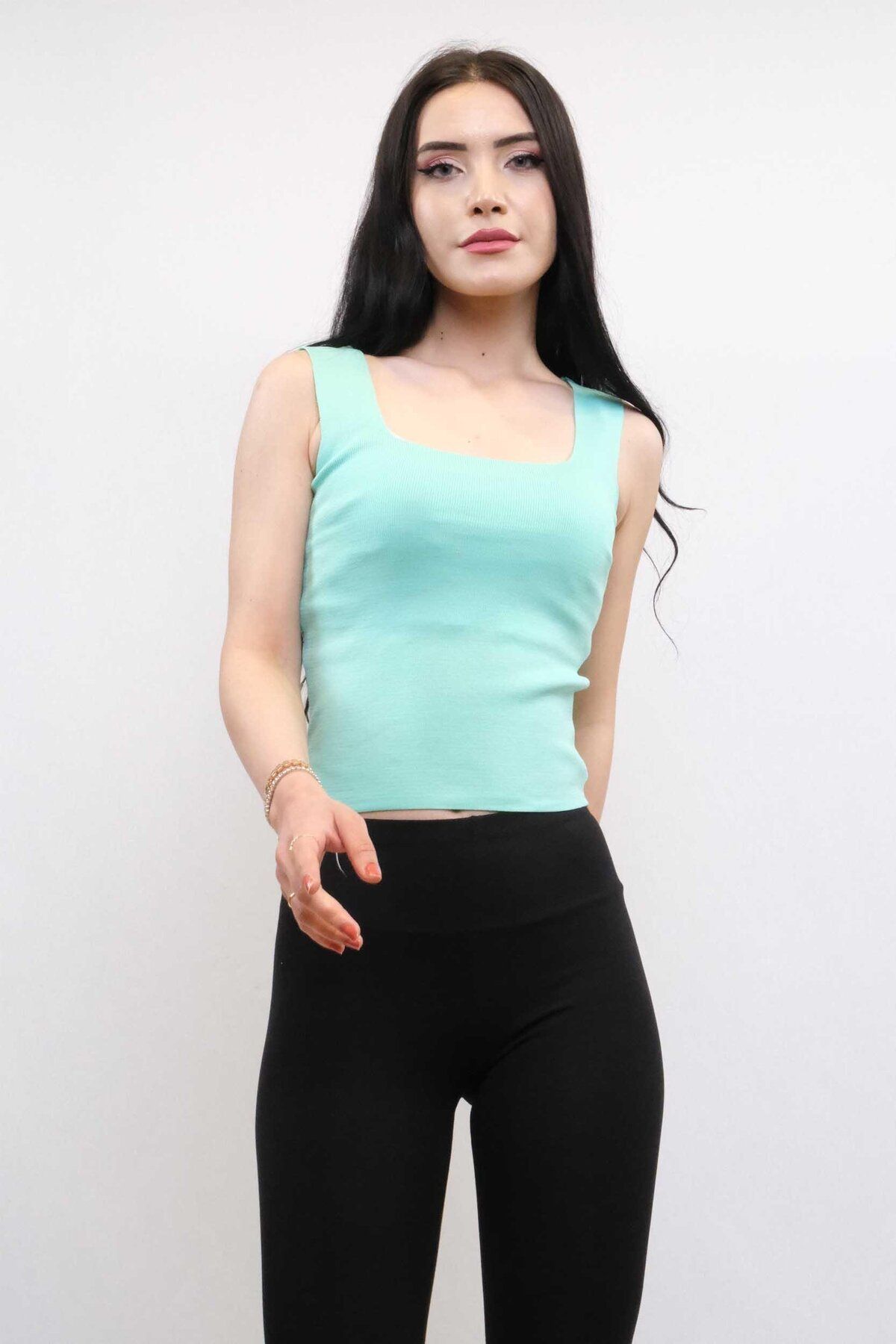 PuShe Moda Çizgi Triko Atlet Mint