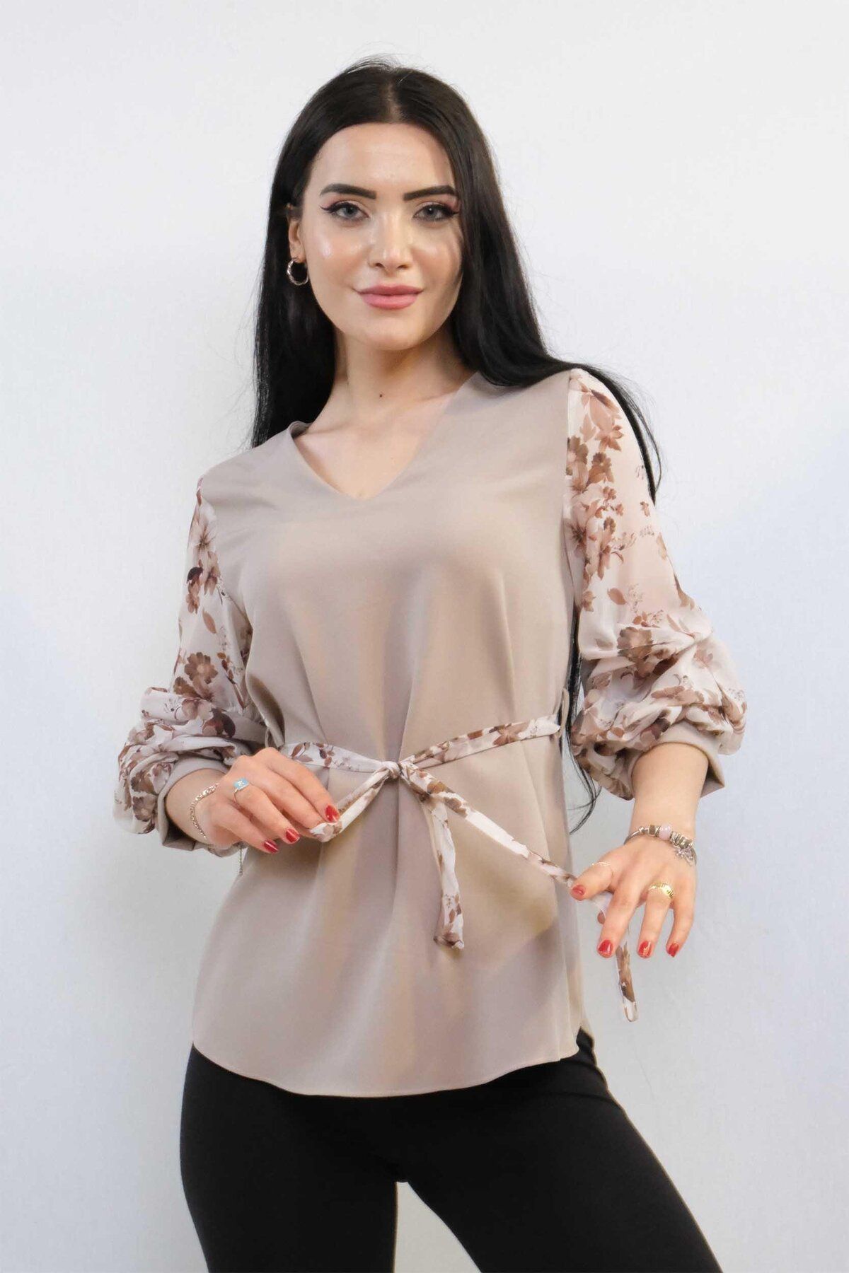 PuShe Moda Çizgi Şifon Kol Bluz Vizon