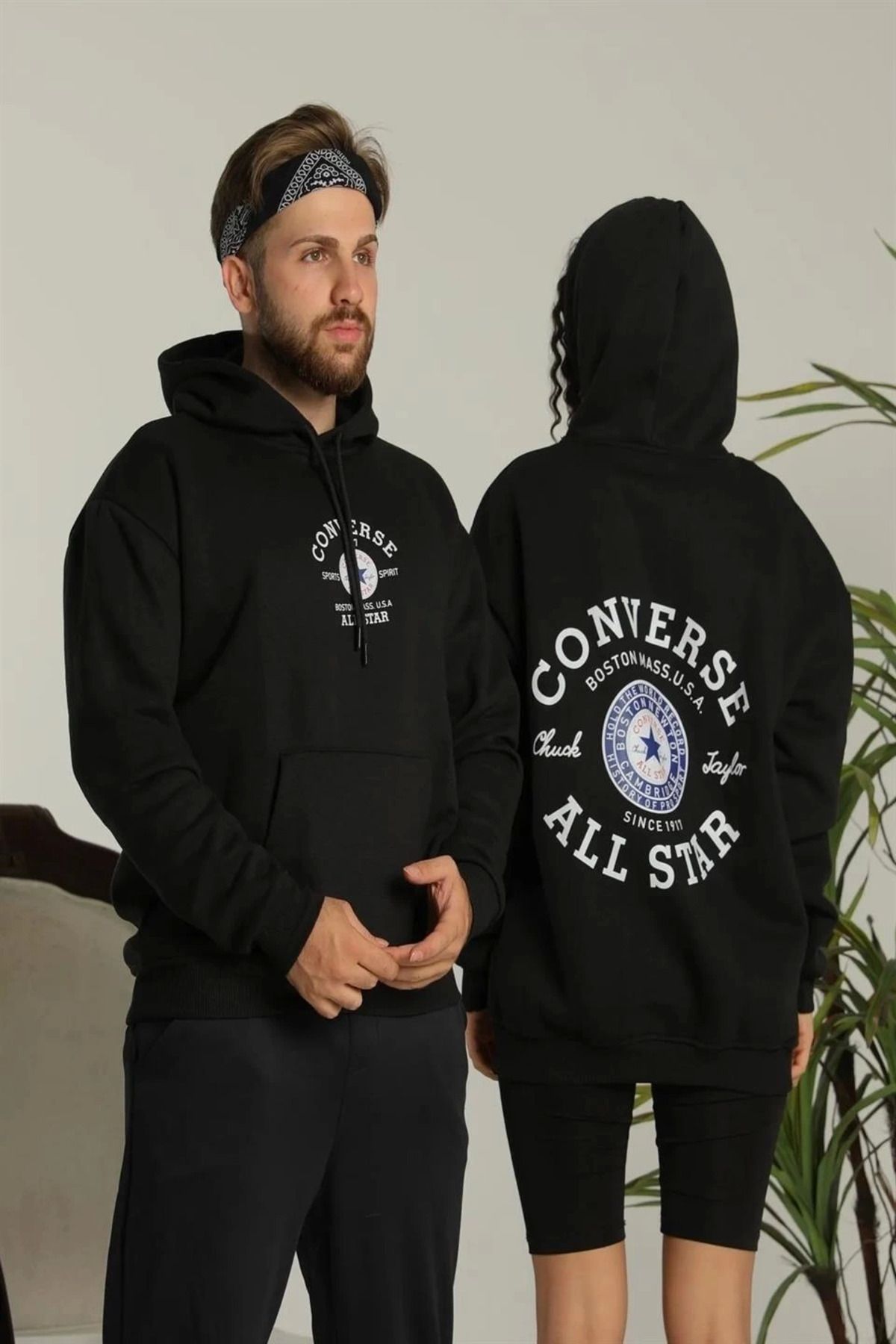 Pink Stil Erkek Sırt Baskılı Oversize Üç İplik Kapüşonlu Hoodie Sweatshirt - Siyah Pink Stil