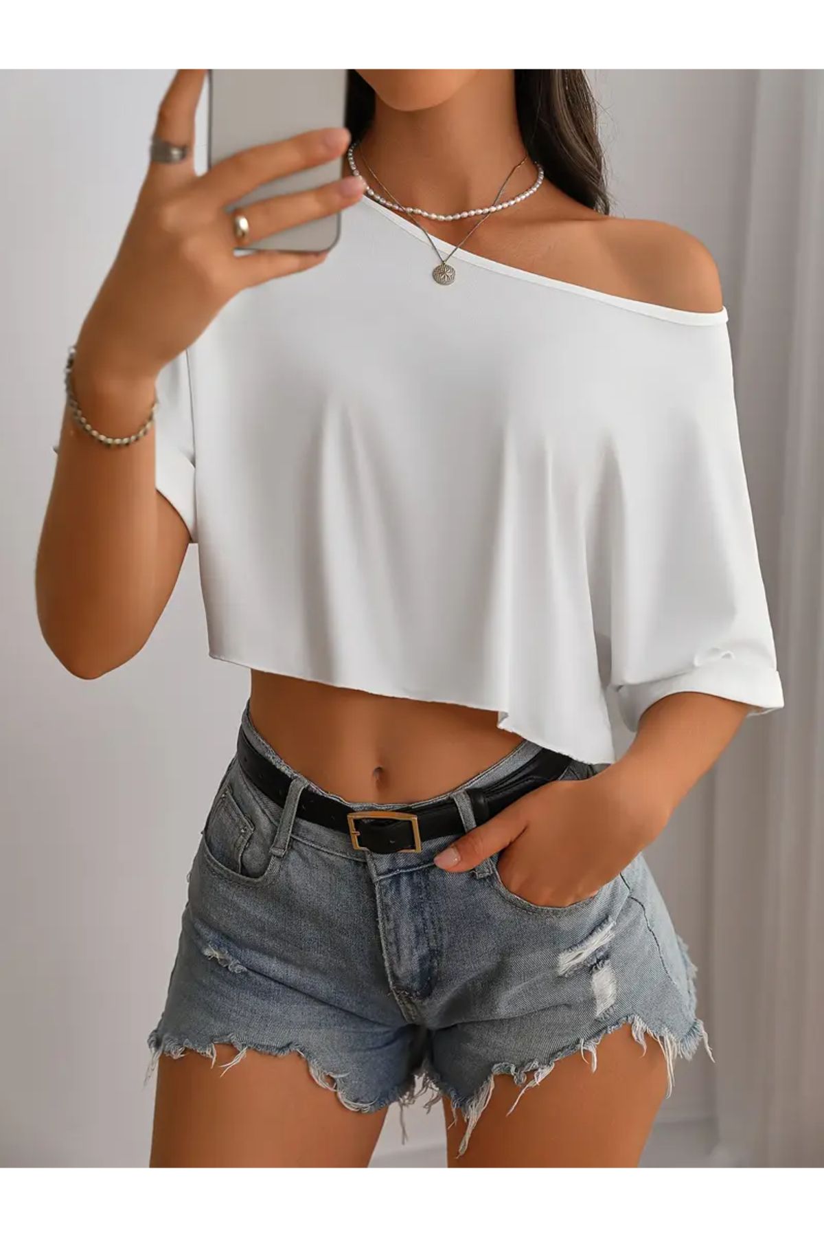 MANCY Kadın Düşük Omuz Kayık Yaka T-shirt Crop