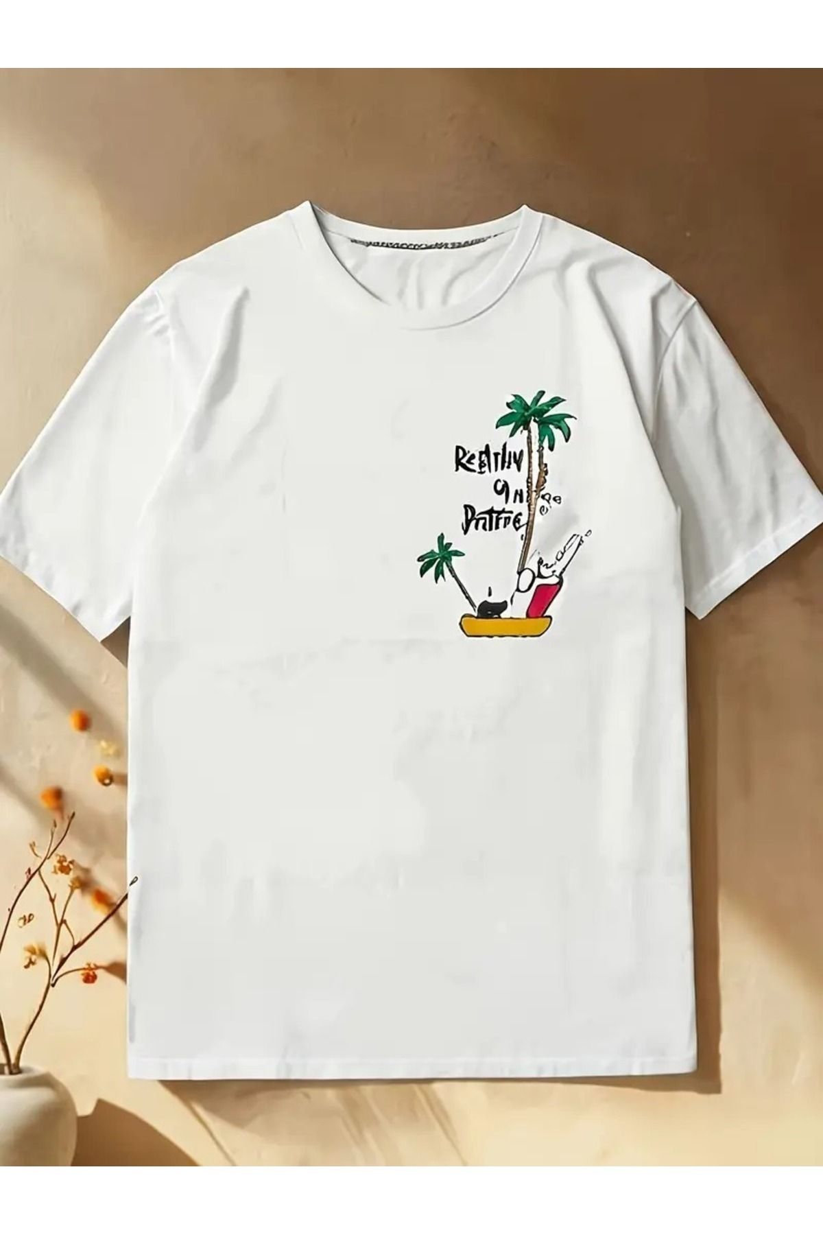 MANCY Unisex Beyaz Palmiye Baskılı Oversize %100 Pamuk T-shirt
