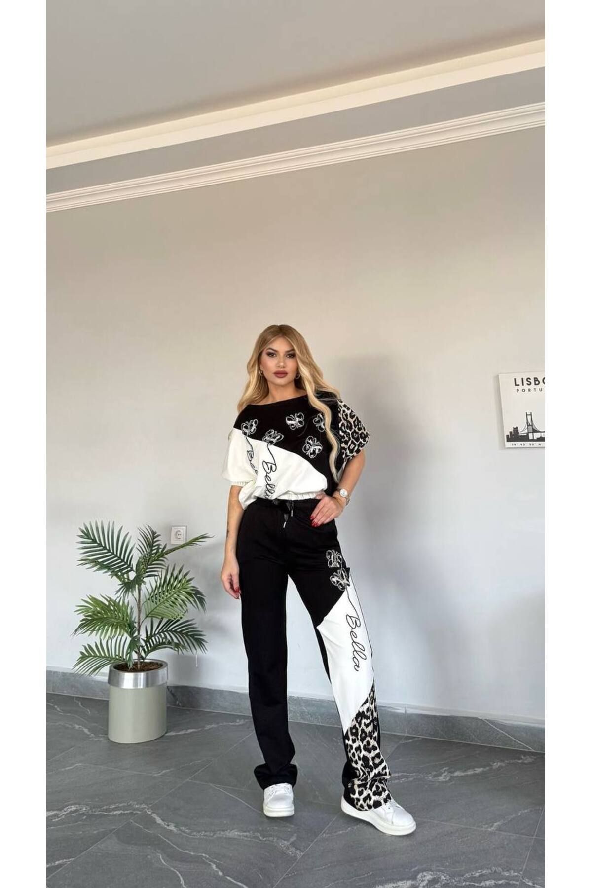 Bella Belluci Yeni Sezon Siyah Beyaz Kelebekli Leopar Detaylı Alt Üst Takım