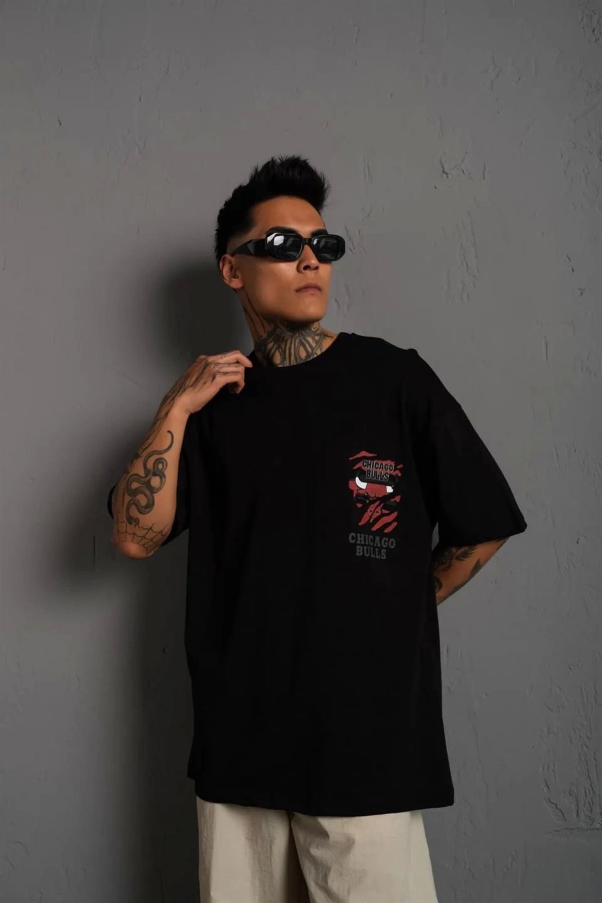 Pink Stil Erkek Sırt Baskılı A Kalite Oversize T-shirt - Siyah Pink Stil