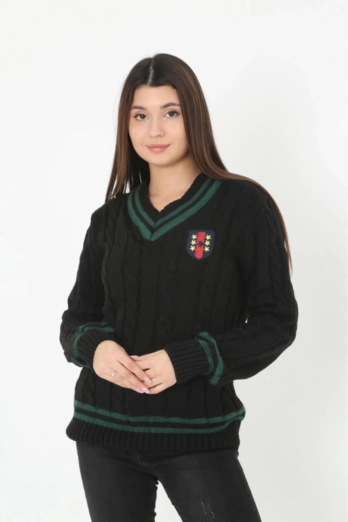 Pink Stil Kadın V Yaka Örgülü Kazak - Siyah Pink Stil
