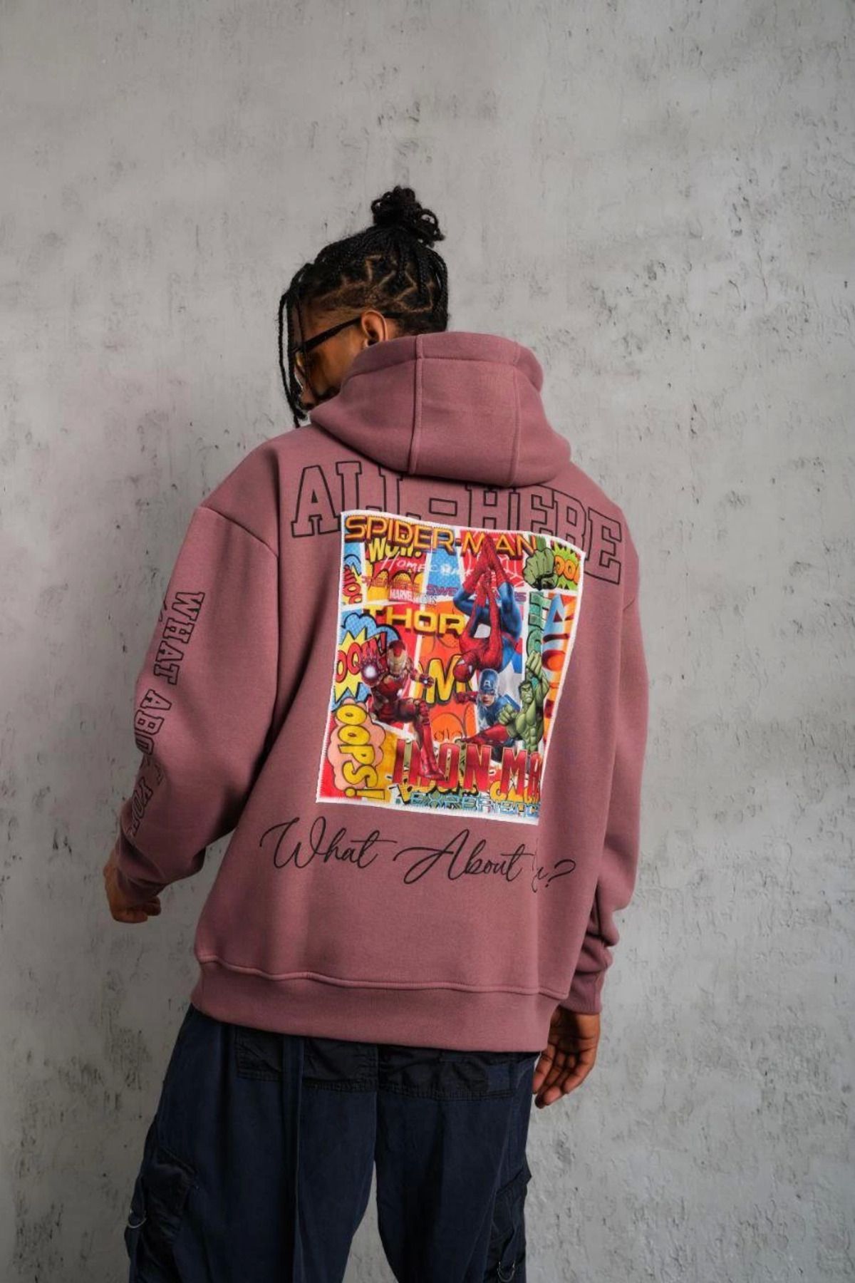Pink Stil Erkek 93 Dijital Parça Baskılı Kapşonlu Sweat - Gül Kurusu Pink Stil