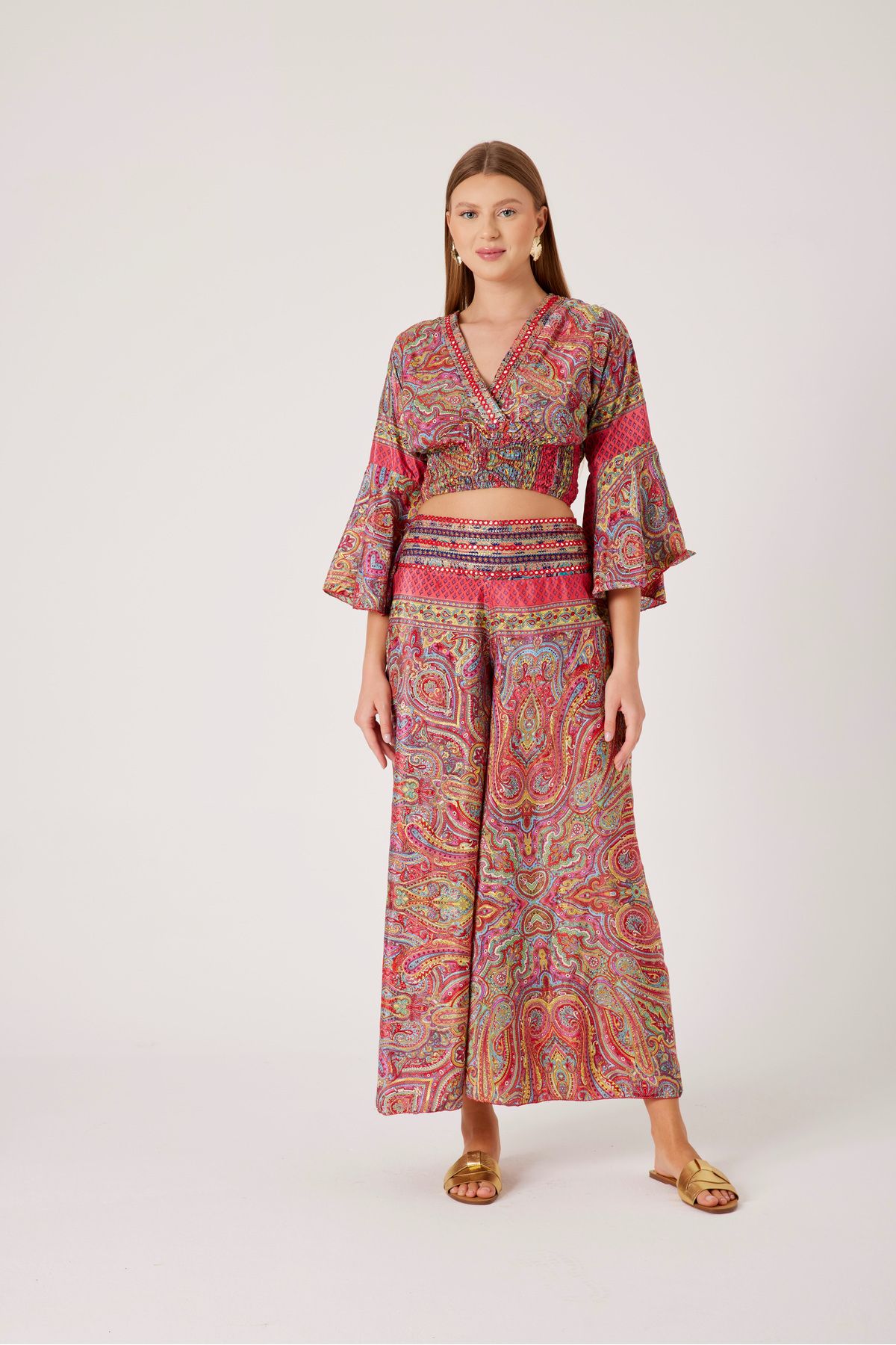 T'u Collection Etnik Desenli İki Parça Yazlık Takım -Crop & Pantalon