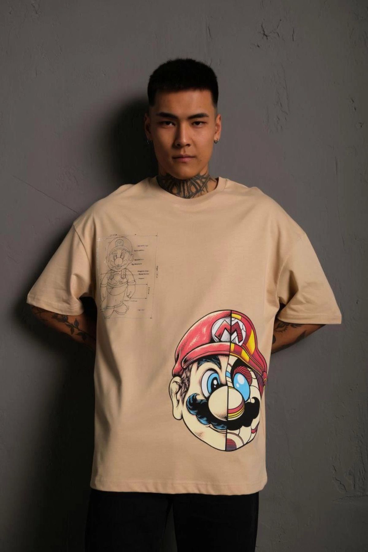 Pink Stil Erkek Mario Baskılı Oversize T-Shirt - Bej Pink Stil