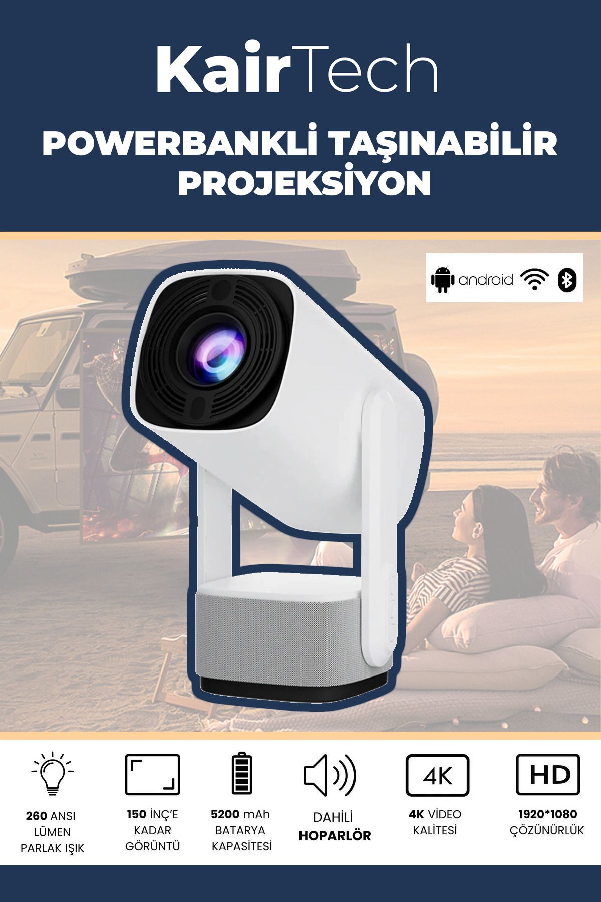 Taşınabilir Powerbankli 4k Destekli 1080p Android Sistemli Sinema Projeksiyon Cihazı