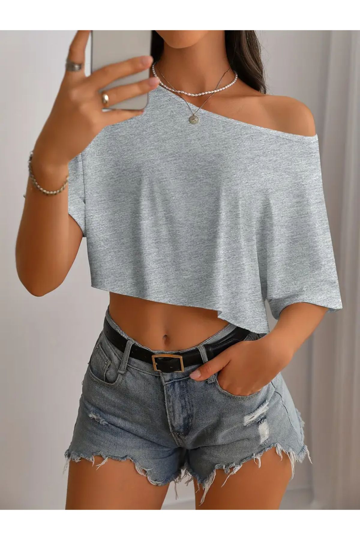 MANCY Kadın Düşük Omuz Kayık Yaka T-shirt Crop
