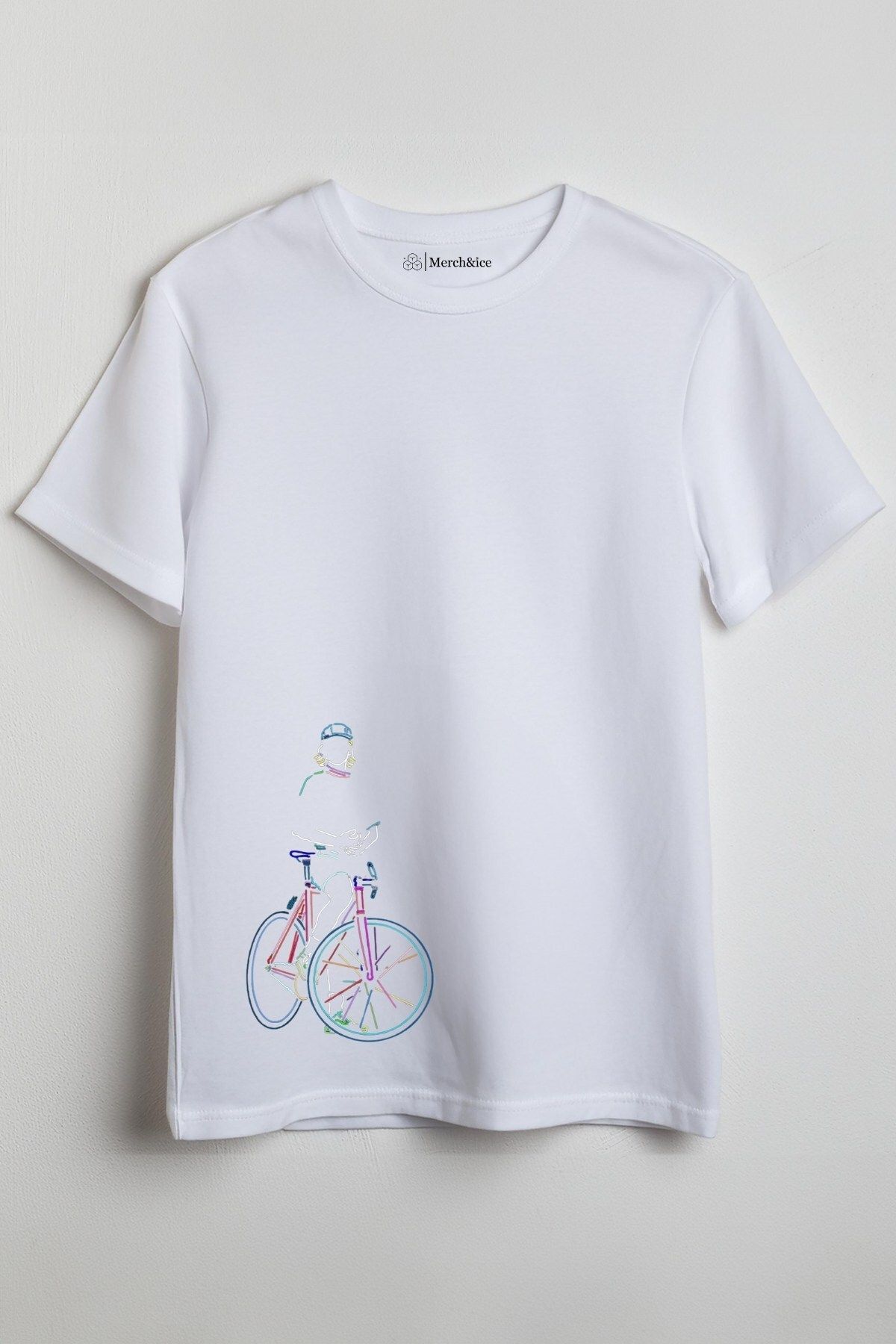 Merch&ice Çizgili Renkli Bisiklet Baskılı Unisex T-Shirt